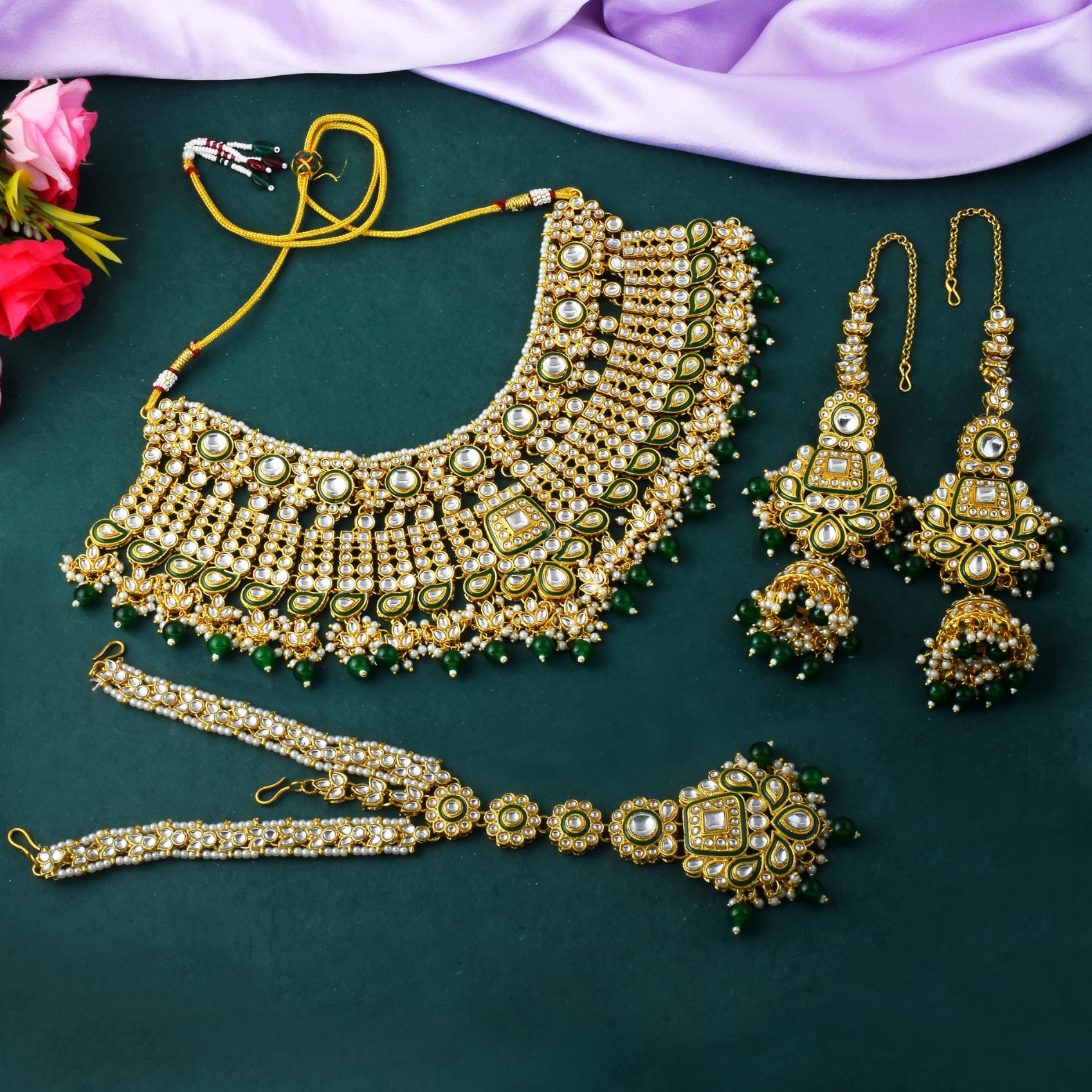 Classic Kundan Polki Green Bead Bridal Necklace Set — alternate view