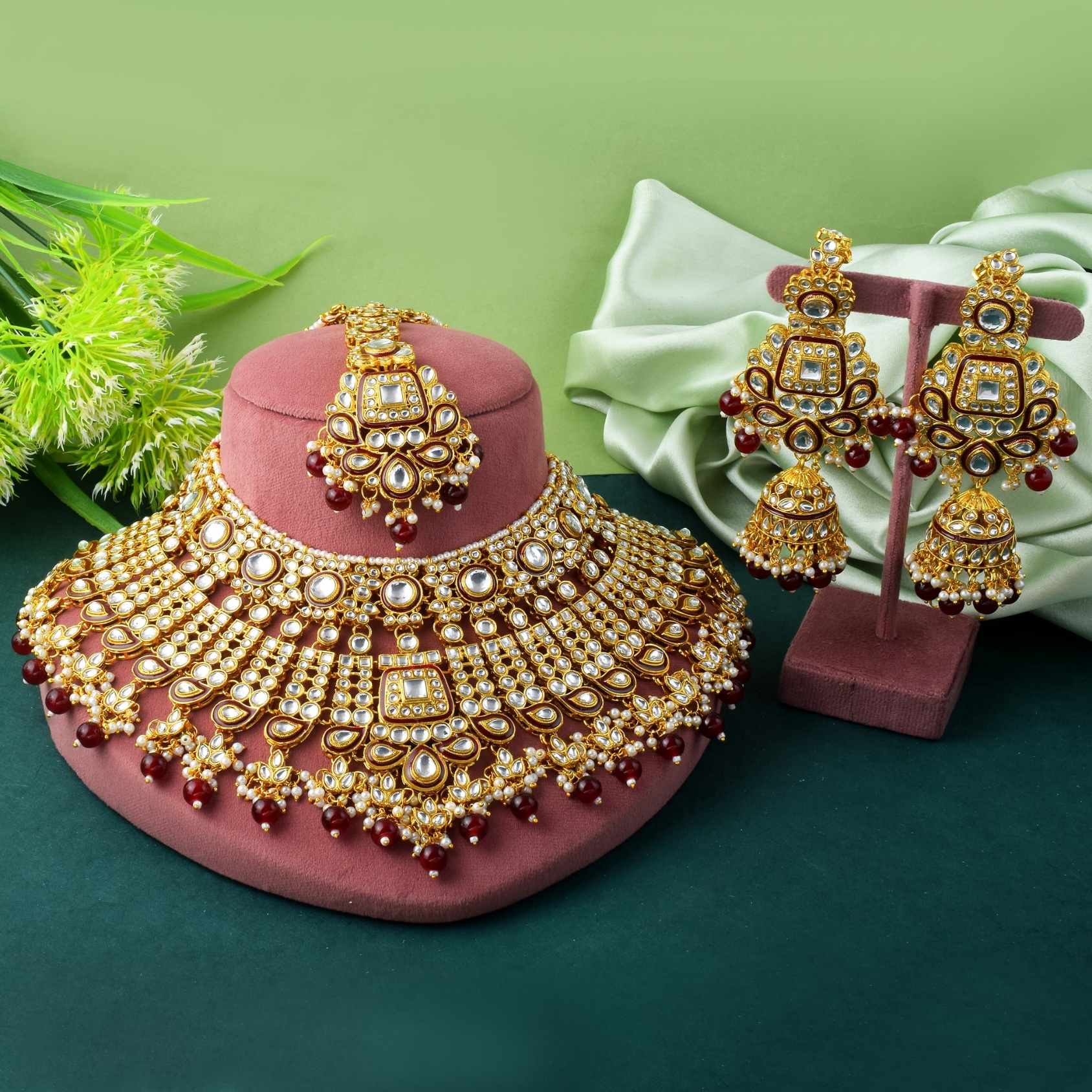 Classic Kundan Polki Maroon Bead Bridal Necklace Set