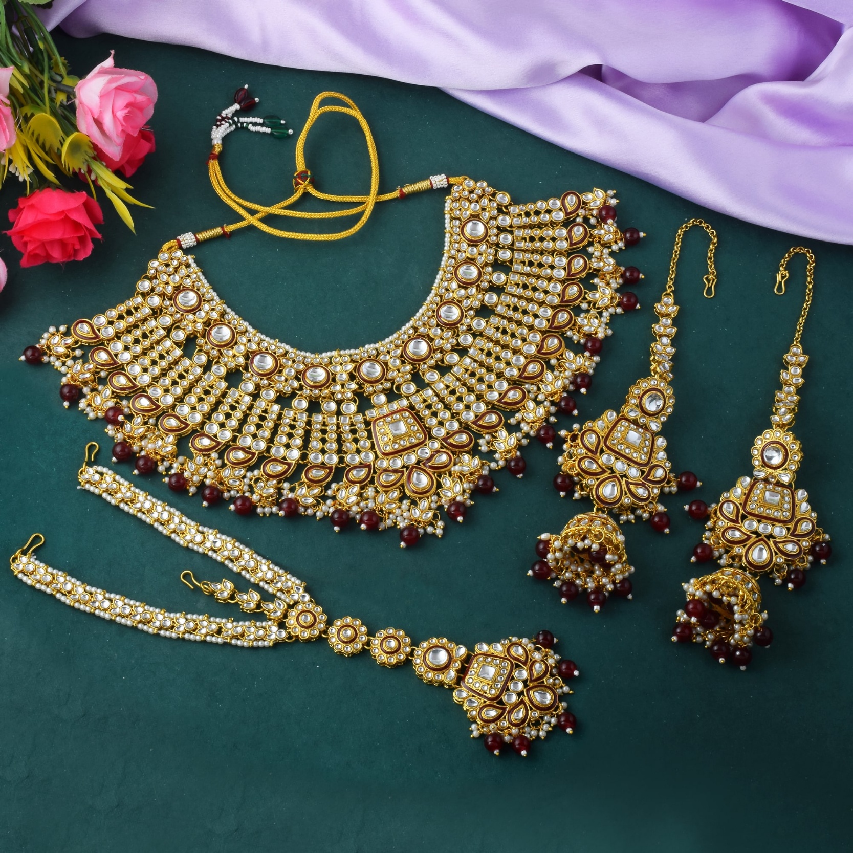 Classic Kundan Polki Maroon Bead Bridal Necklace Set