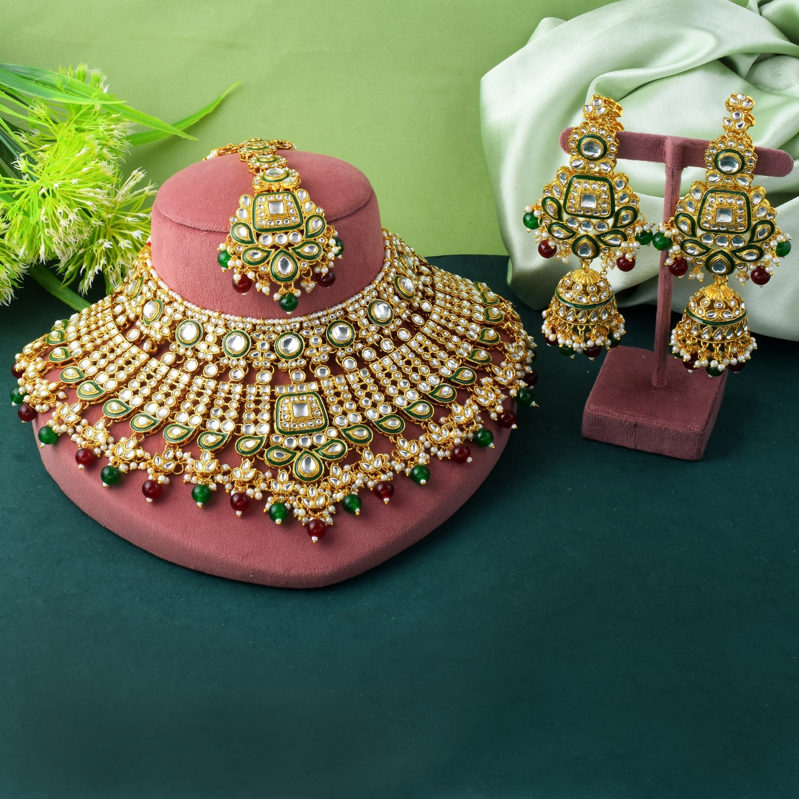 Classic Kundan Polki Multicolour Bead Bridal Necklace Set