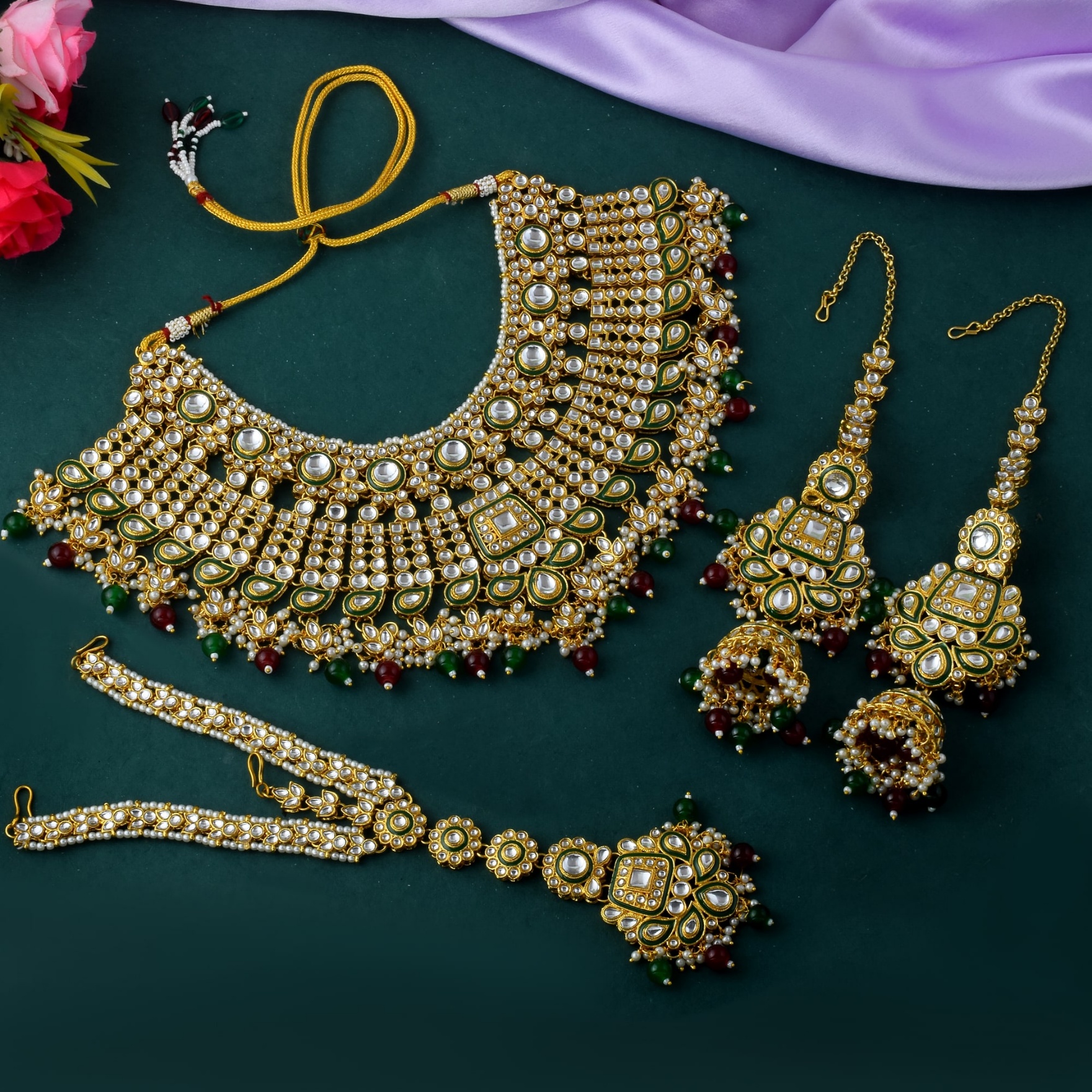 Classic Kundan Polki Multicolour Bead Bridal Necklace Set — alternate view