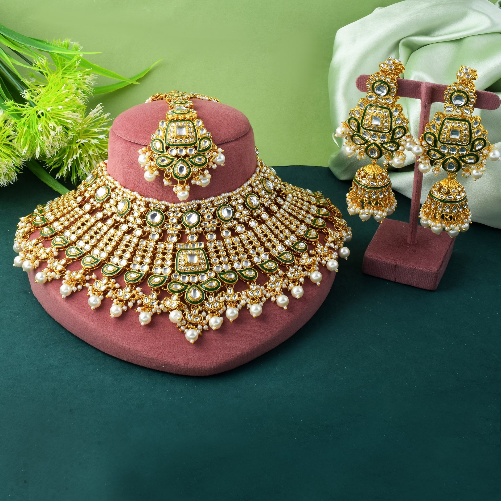 Classic Kundan Polki Pearl Bridal Necklace Set