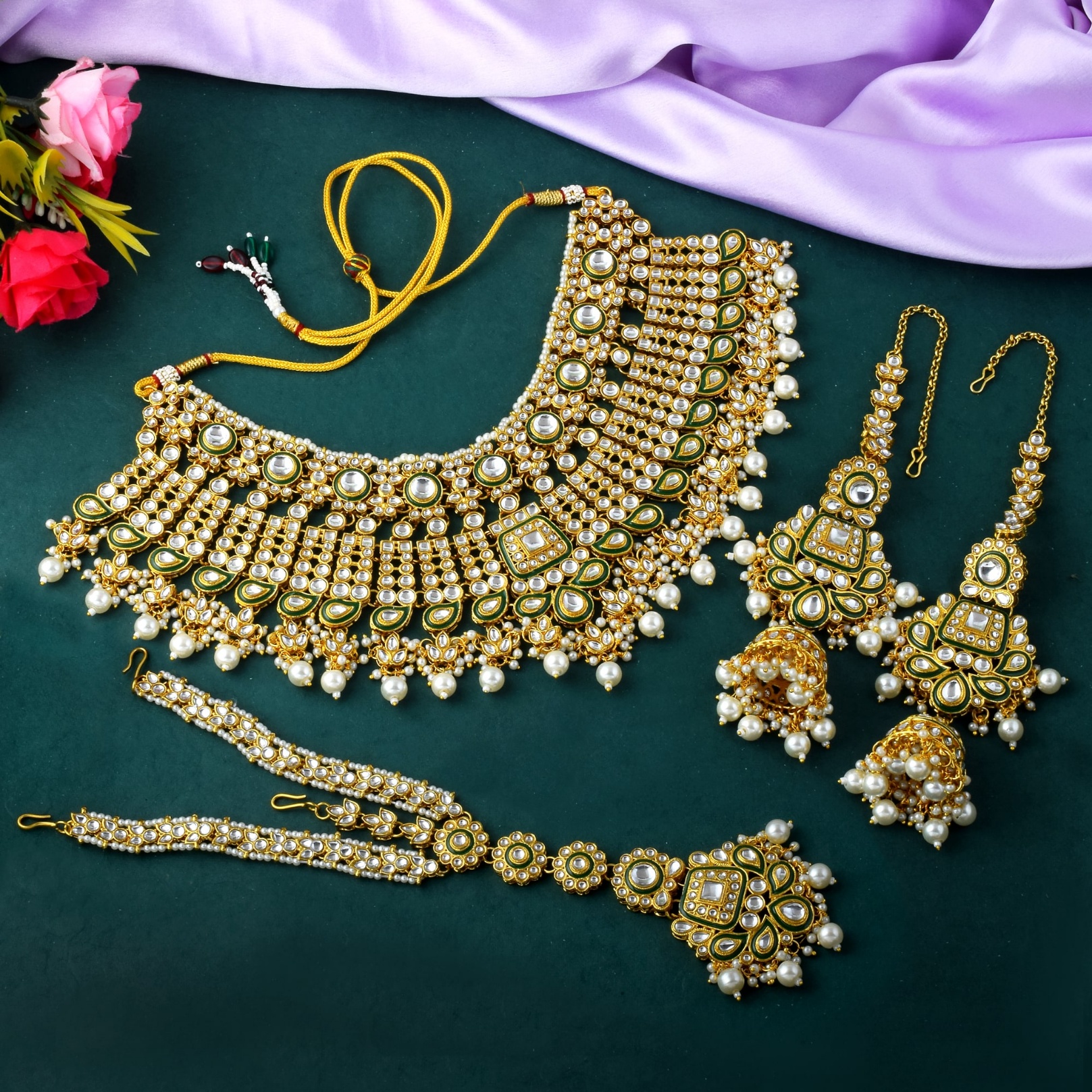 Classic Kundan Polki Pearl Bridal Necklace Set