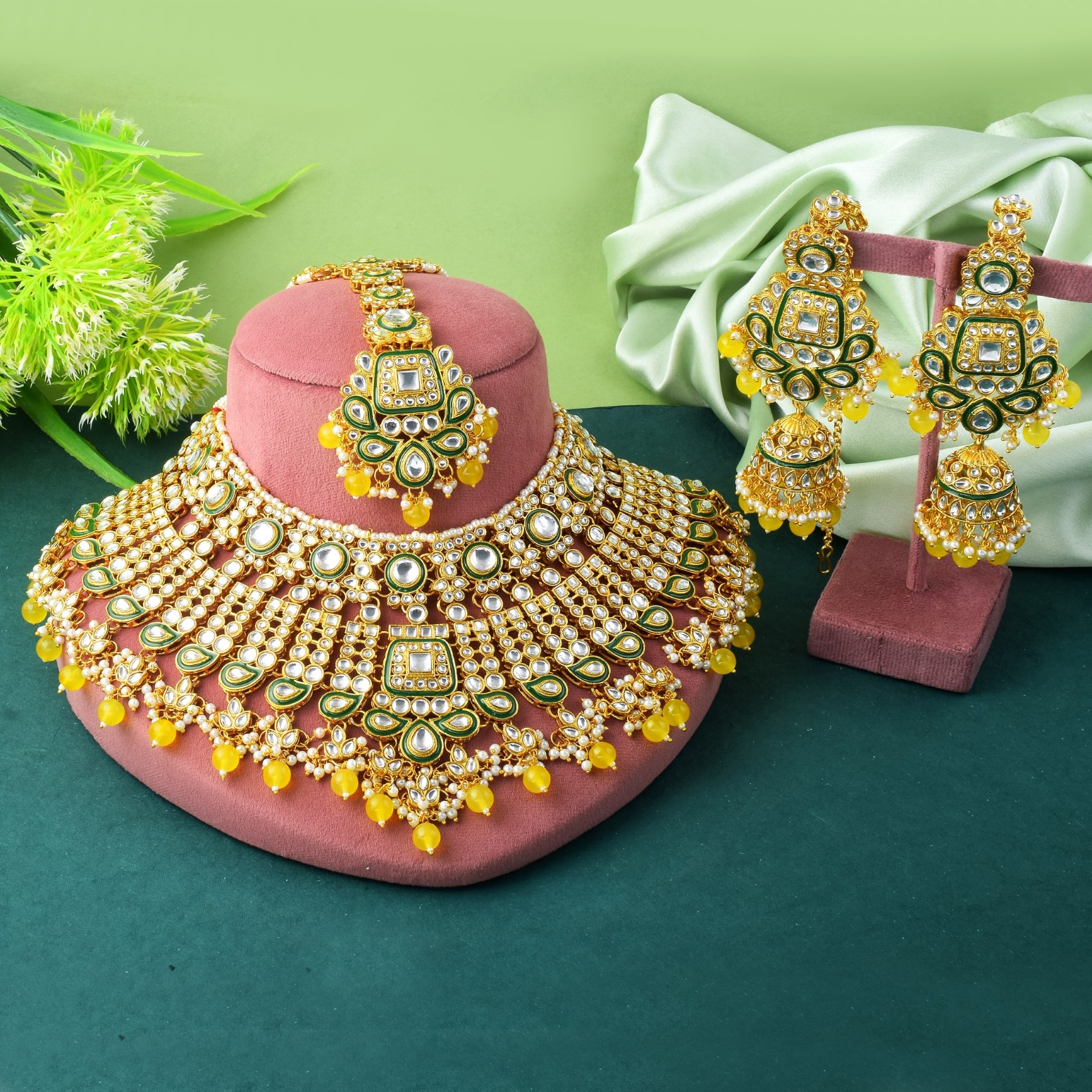 Classic Kundan Polki Yellow Bead Bridal Necklace Set
