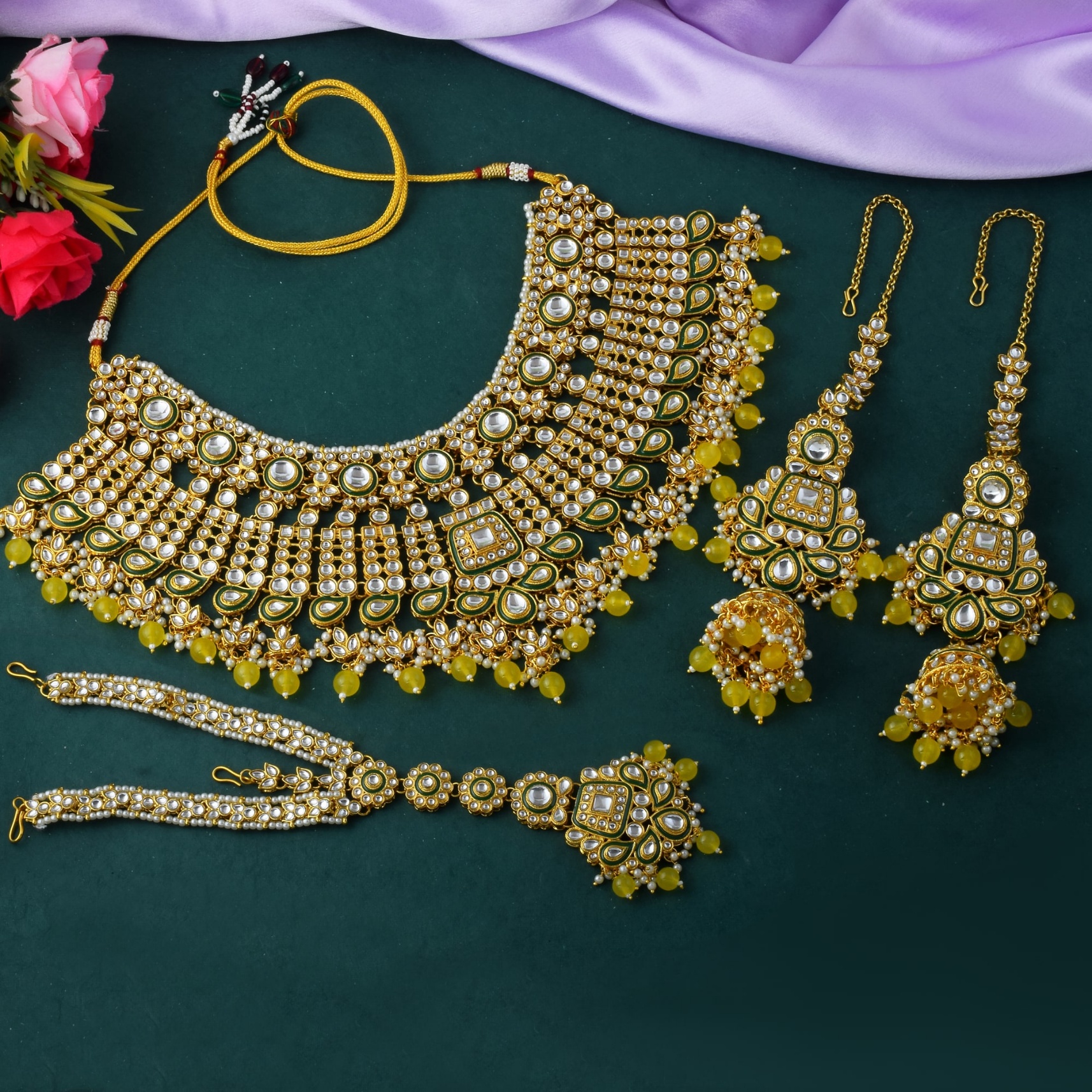 Classic Kundan Polki Yellow Bead Bridal Necklace Set — alternate view