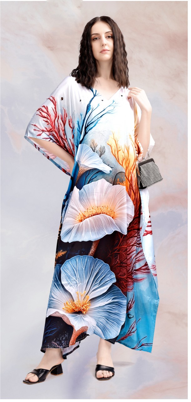 Coastal Bloom Digital Printed Poly Japan Satin Kaftan
