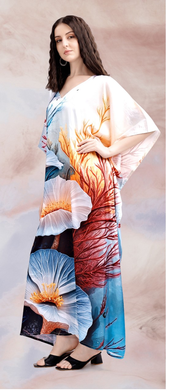 Coastal Bloom Digital Printed Poly Japan Satin Kaftan