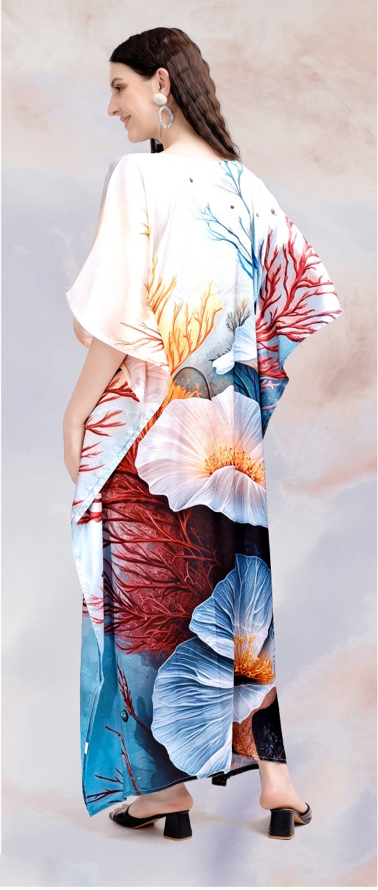 Coastal Bloom Digital Printed Poly Japan Satin Kaftan