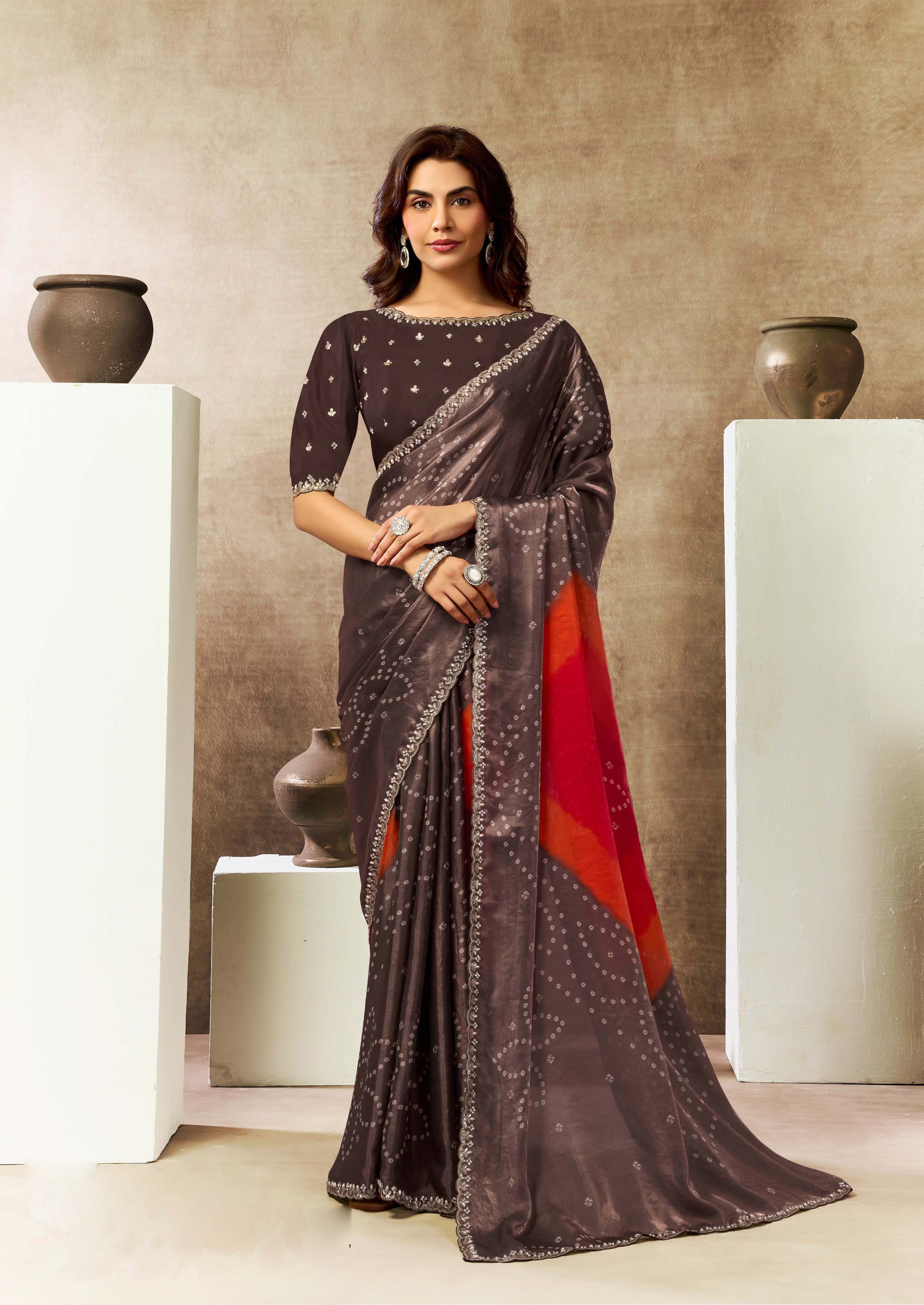 Coffee Bandhani Satin Silk Saree