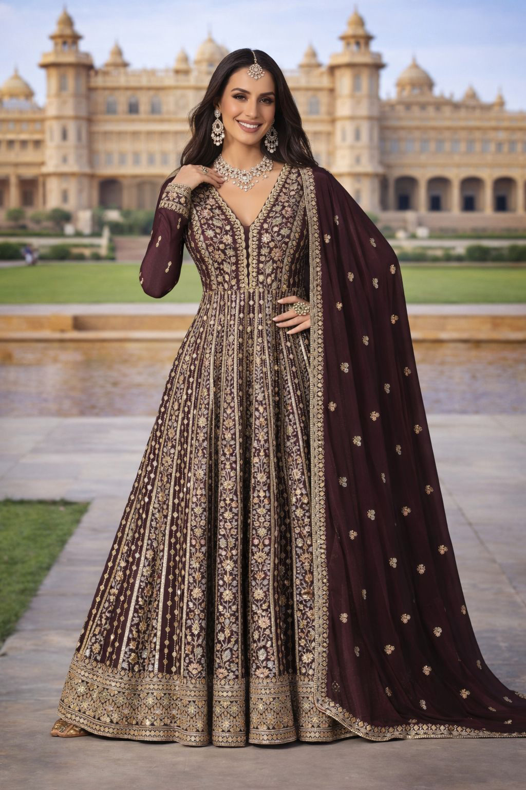 Coffee Brown Chinon Silk Embroidered Anarkali Suit