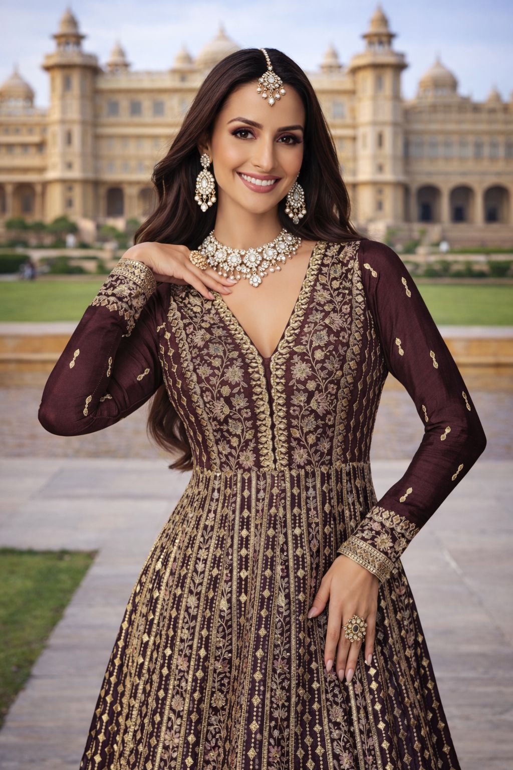 Coffee Brown Chinon Silk Embroidered Anarkali Suit — alternate view