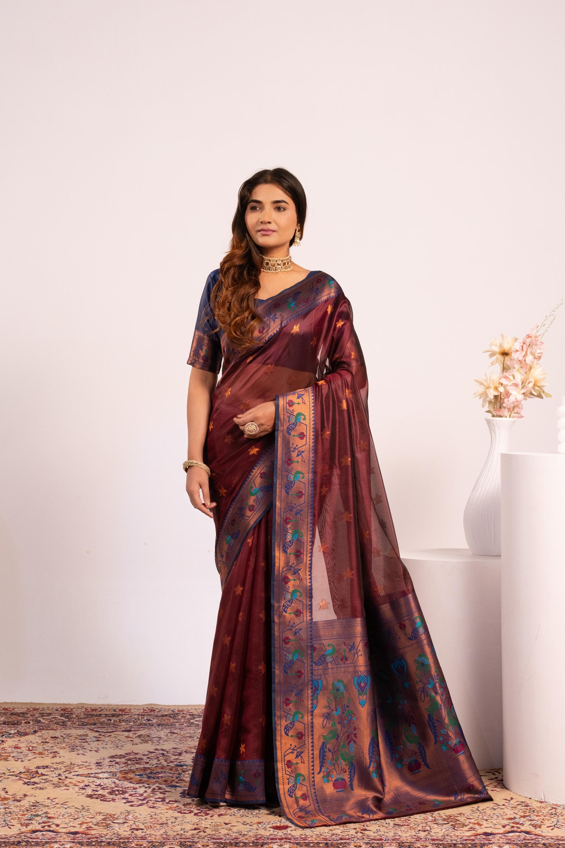 Coffee Brown Paithani Tissue Silk Saree