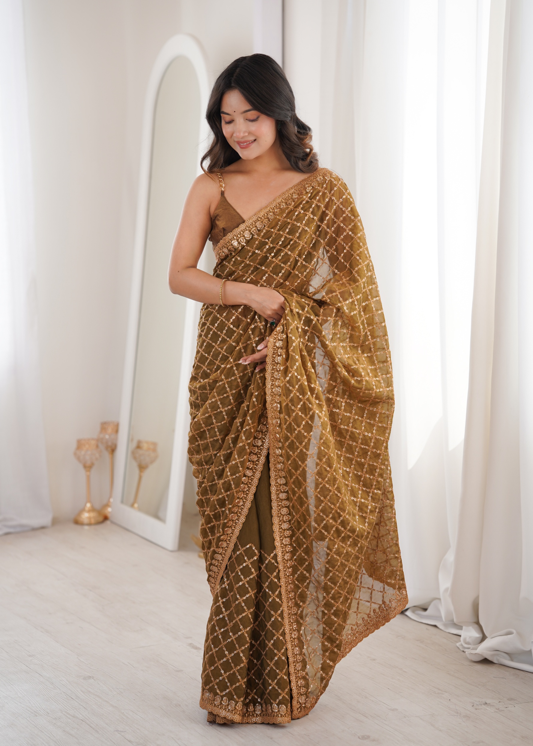 Coffee Checked Sequance Moss Two Tone Saree
