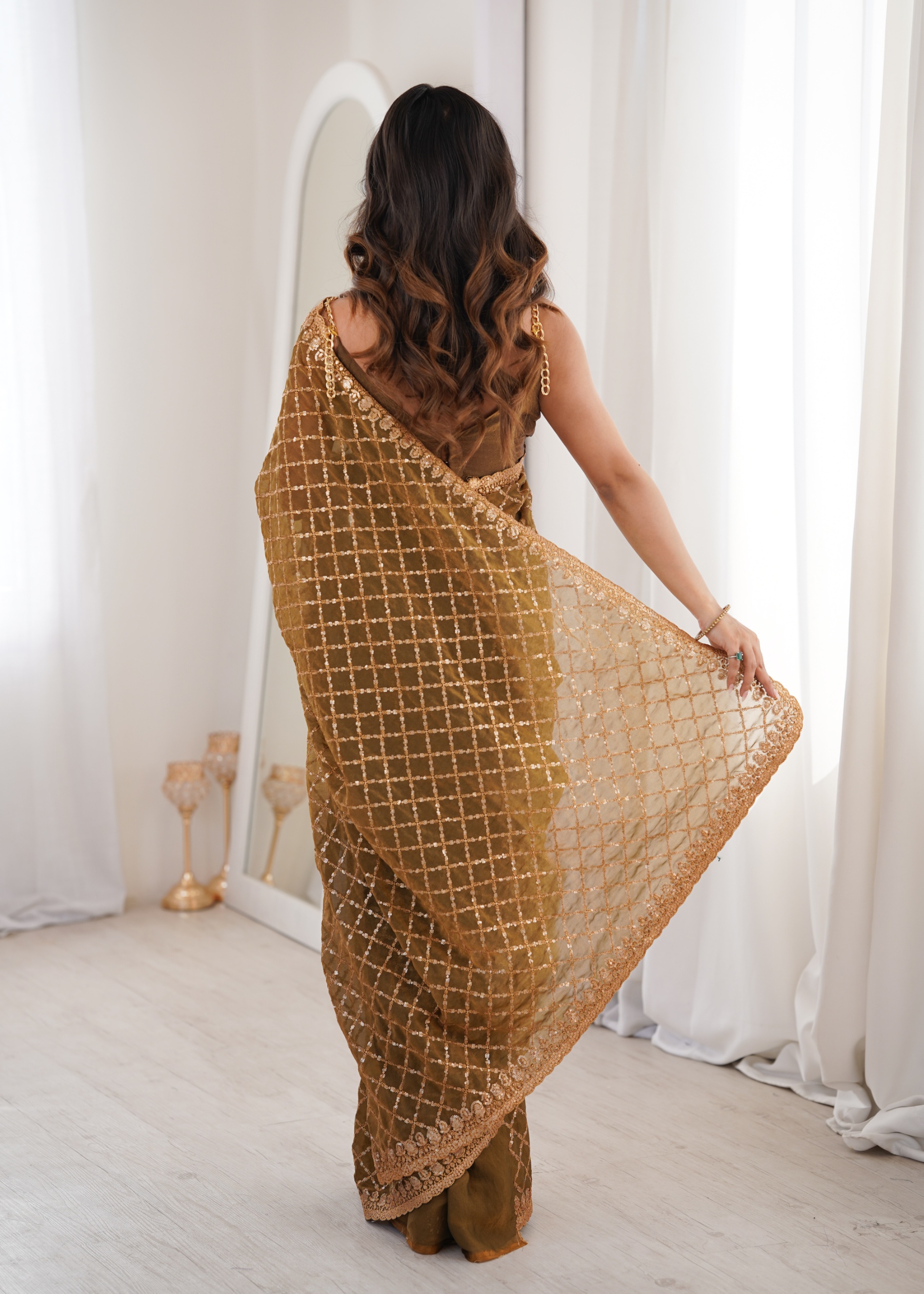 Coffee Checked Sequance Moss Two Tone Saree — alternate view