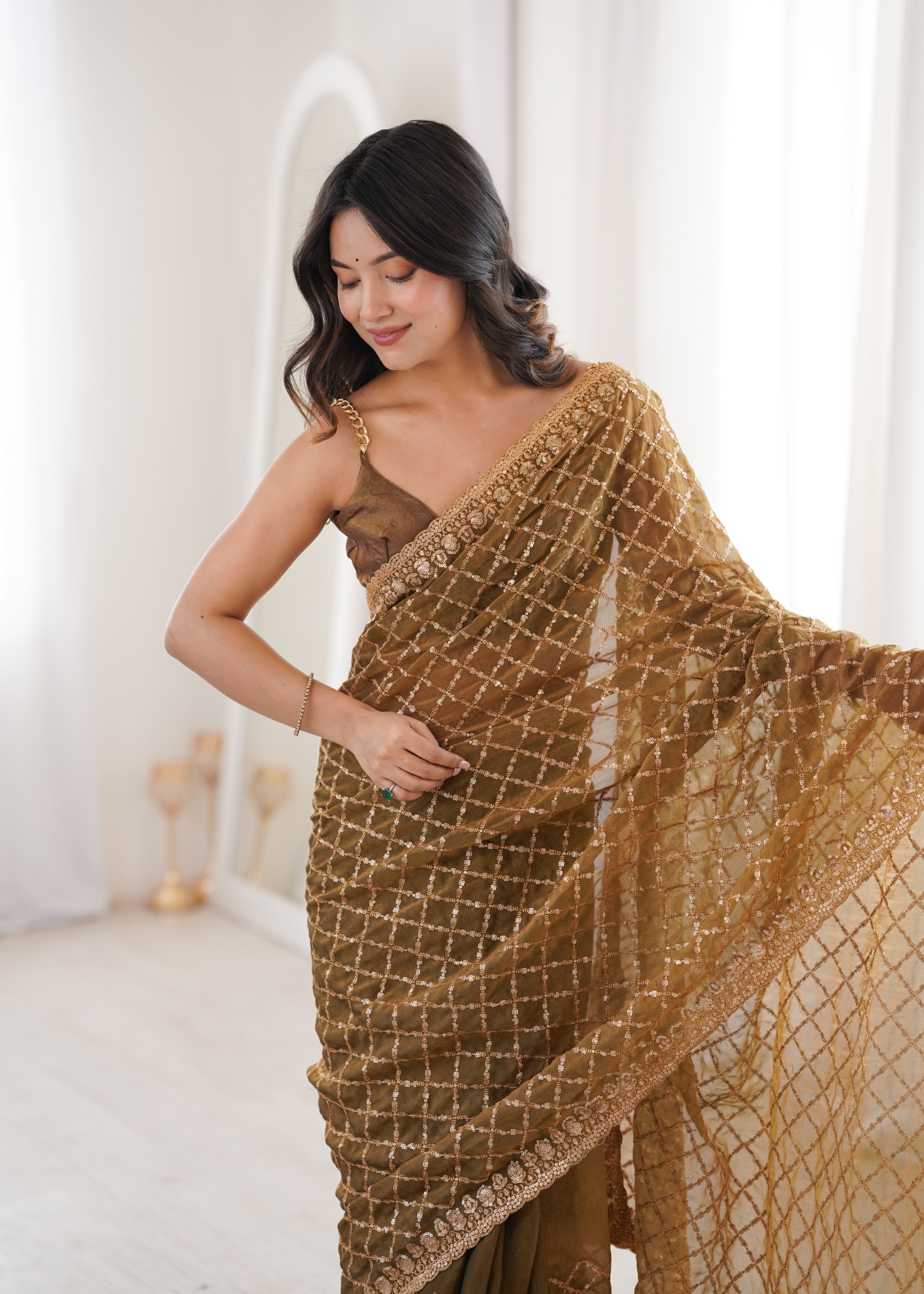 Coffee Checked Sequance Moss Two Tone Saree