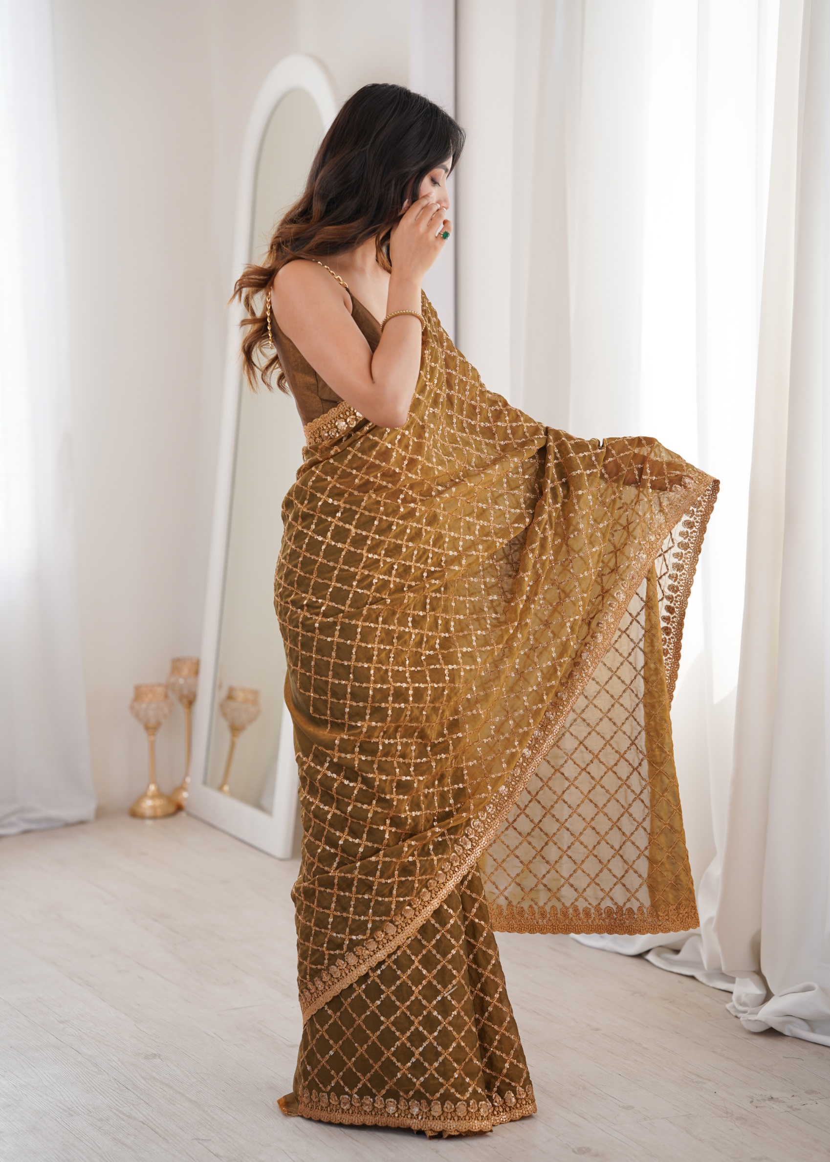 Coffee Checked Sequance Moss Two Tone Saree