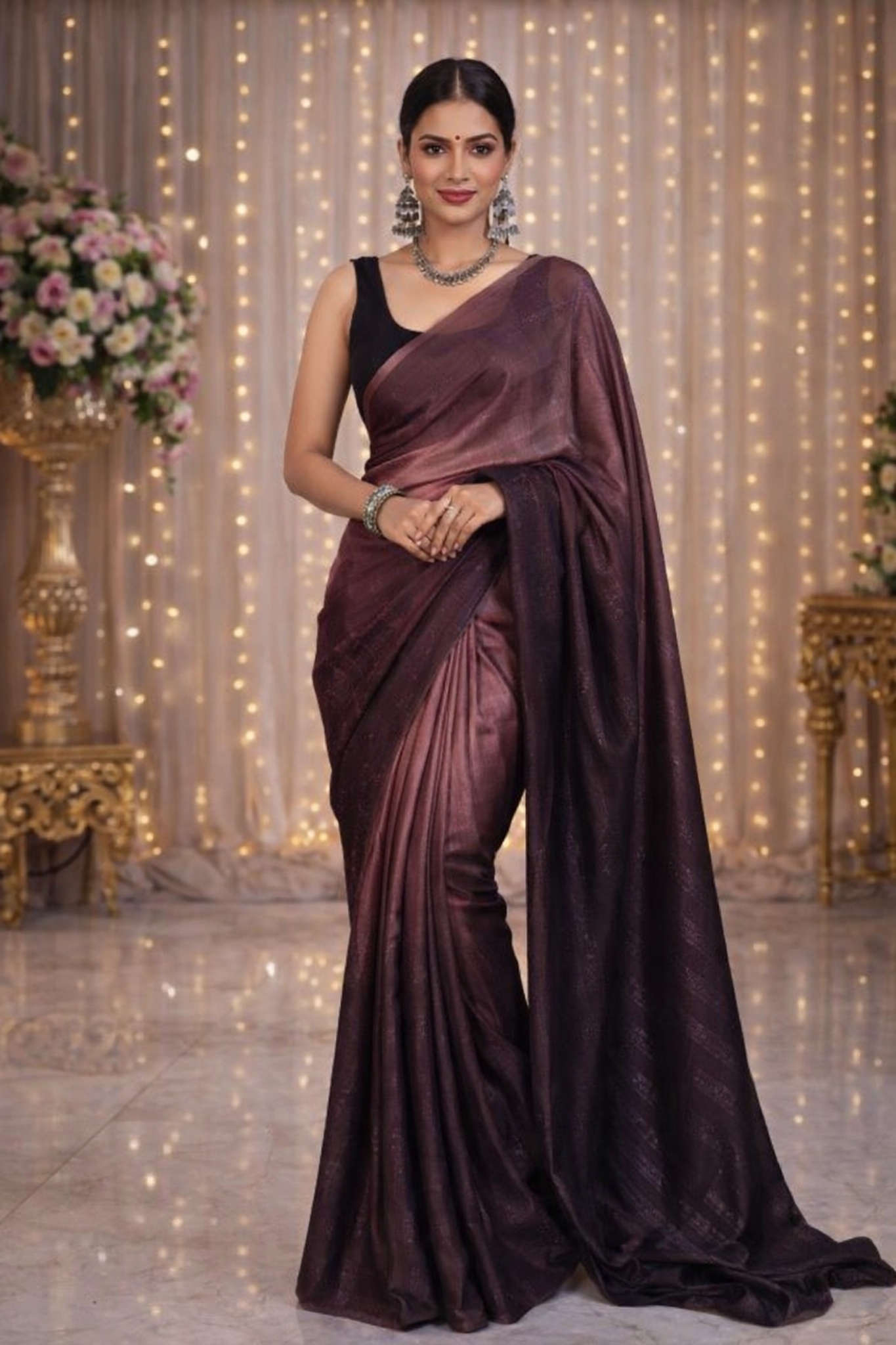 Coffee Designer Chiffon Ready To Wear Saree