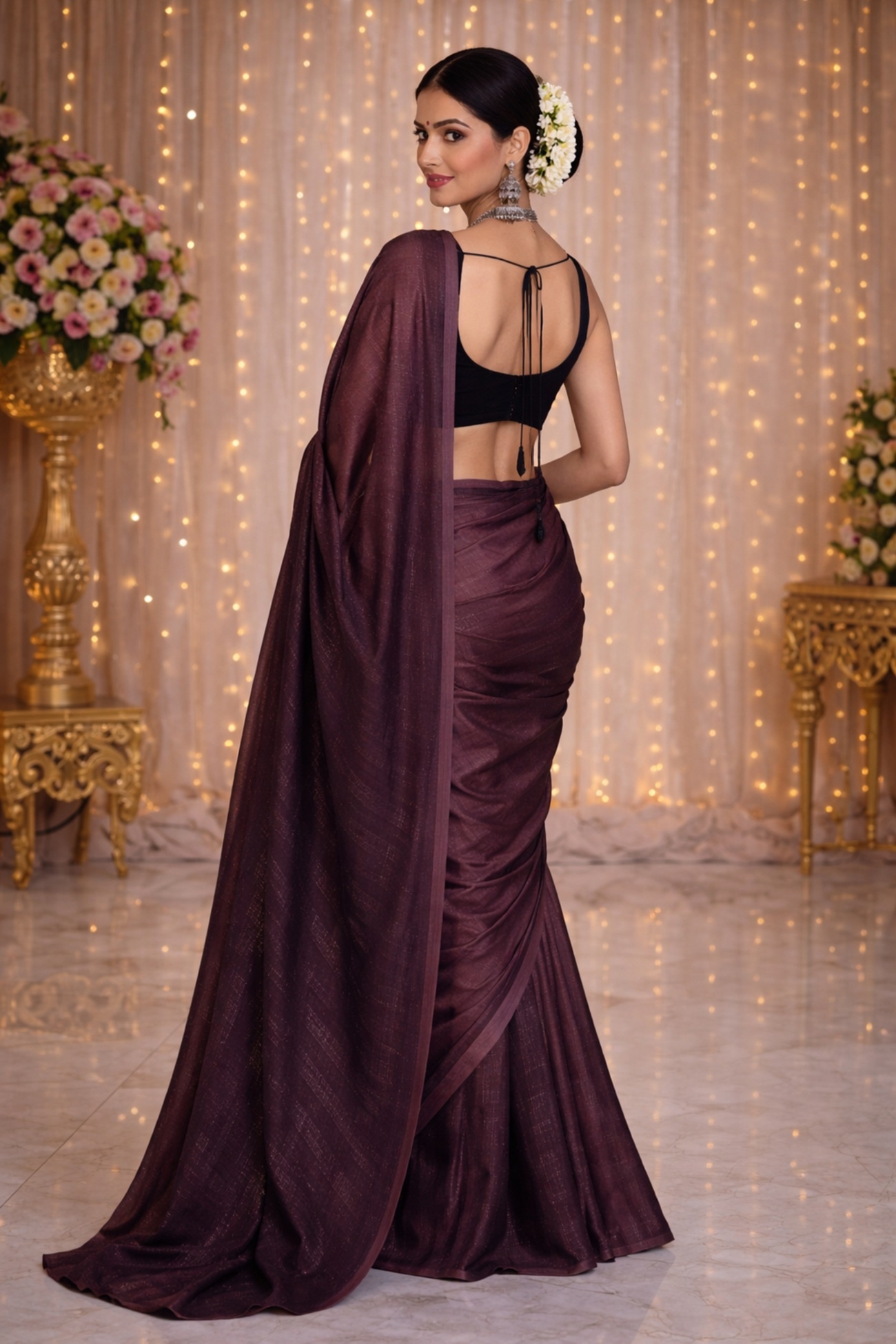 Coffee Designer Chiffon Ready To Wear Saree — alternate view