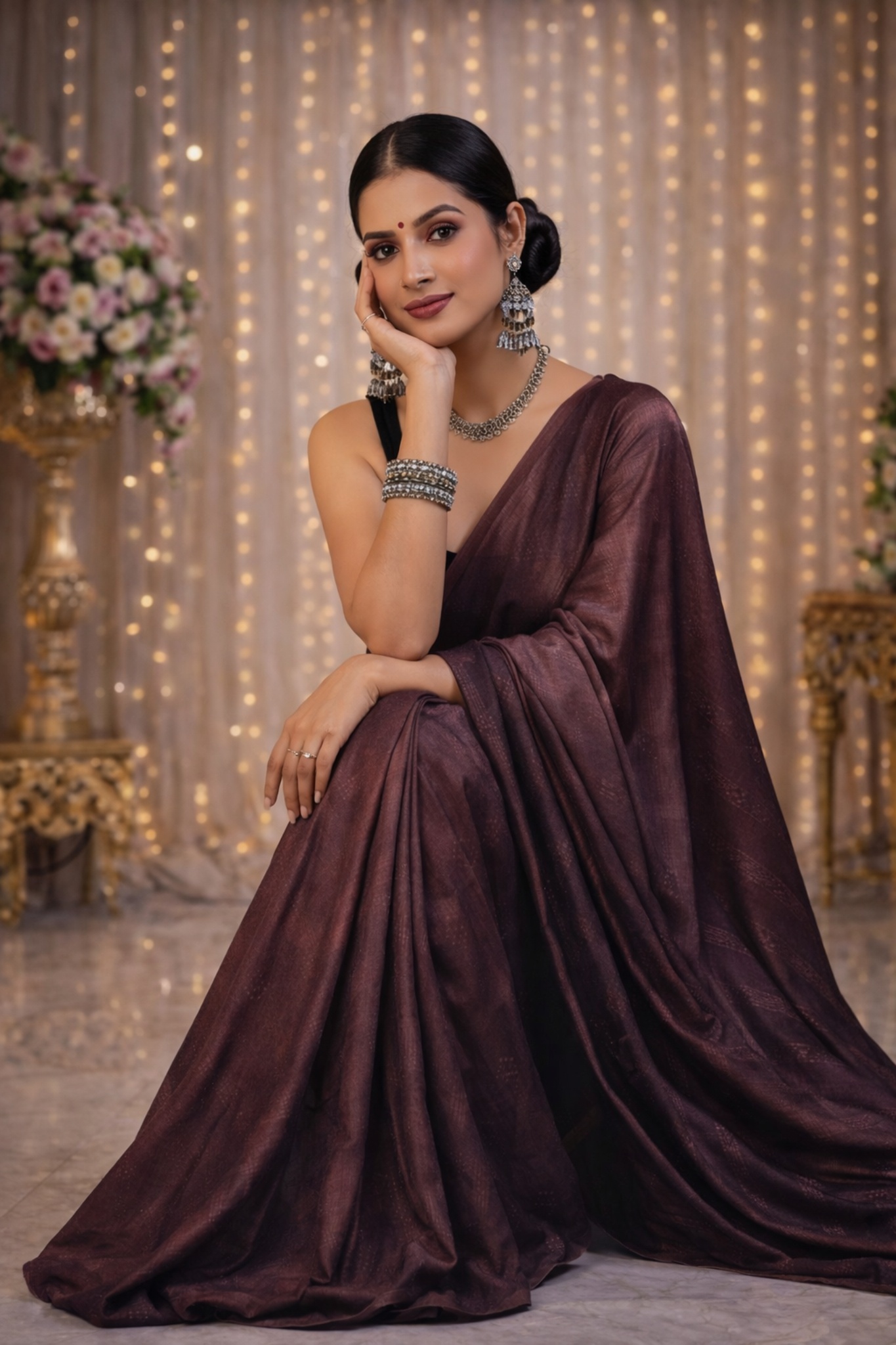 Coffee Designer Chiffon Ready To Wear Saree