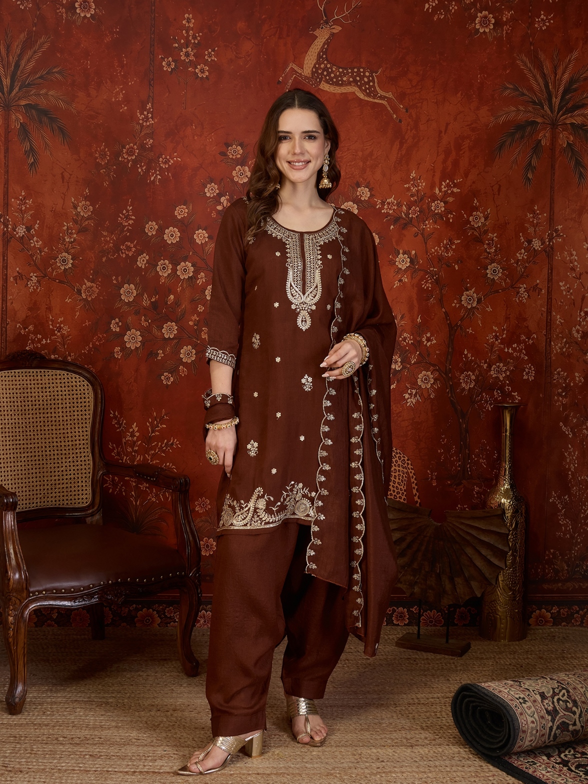 Coffee Designer Embroidery Vichitra Straight Suit