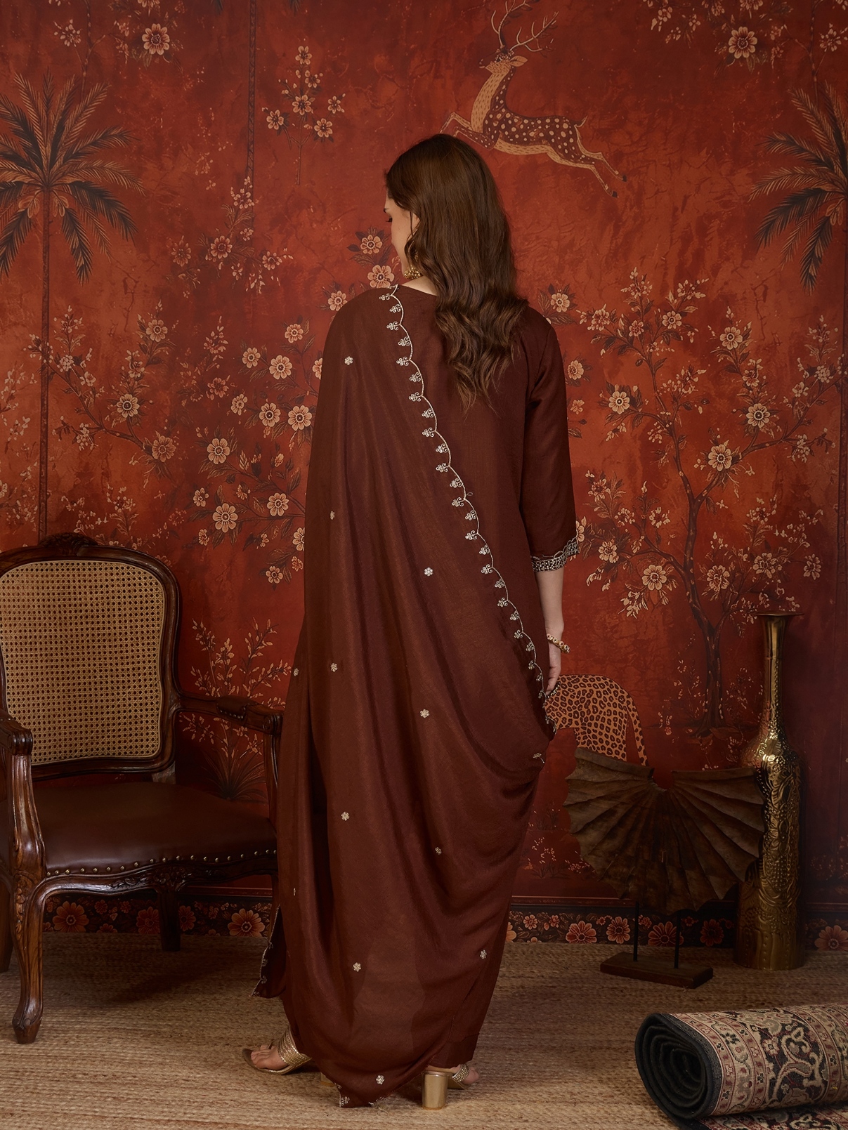 Coffee Designer Embroidery Vichitra Straight Suit — alternate view