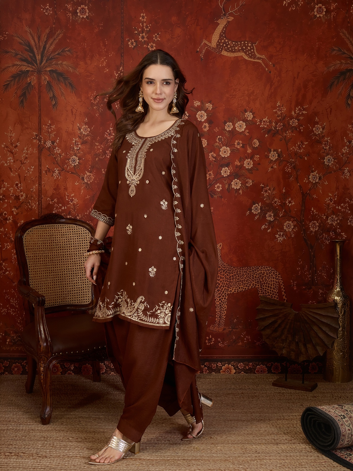 Coffee Designer Embroidery Vichitra Straight Suit