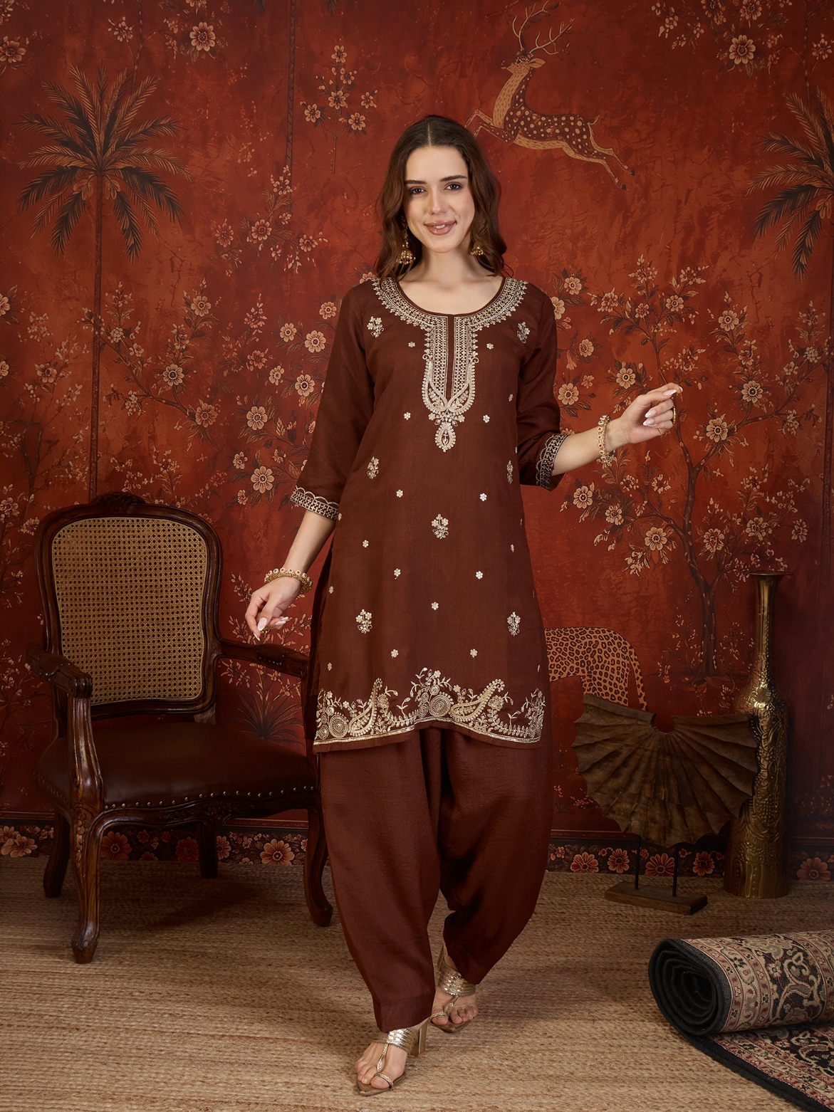 Coffee Designer Embroidery Vichitra Straight Suit