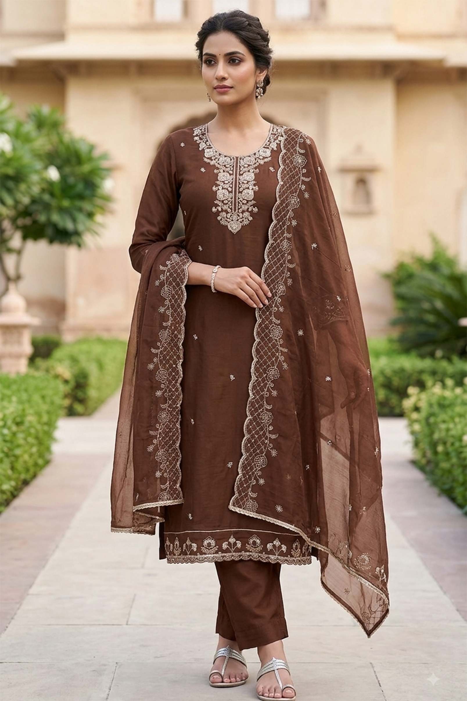 Coffee Embroidered Chanderi Straight Suit