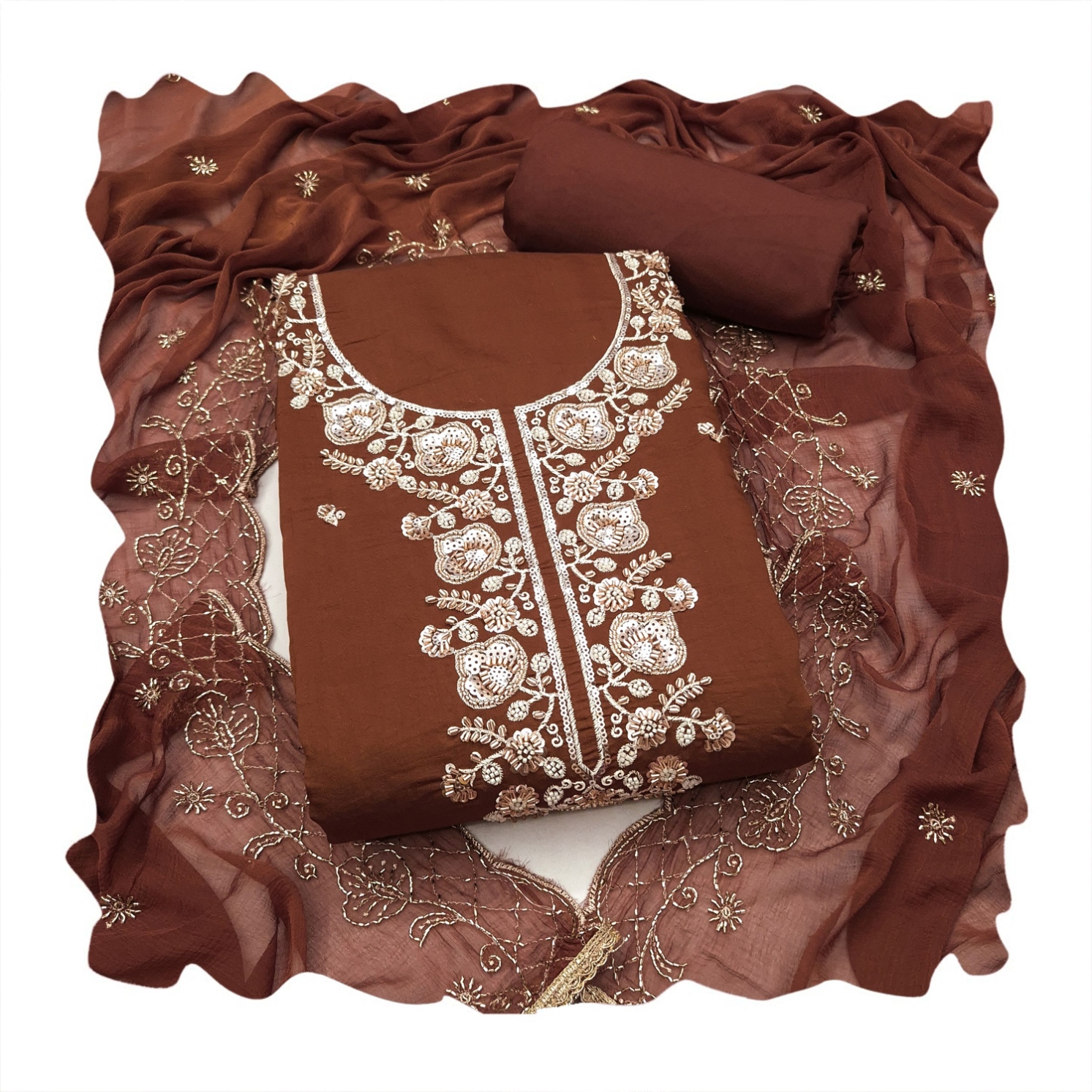 Coffee Embroidered Chanderi Straight Suit — alternate view