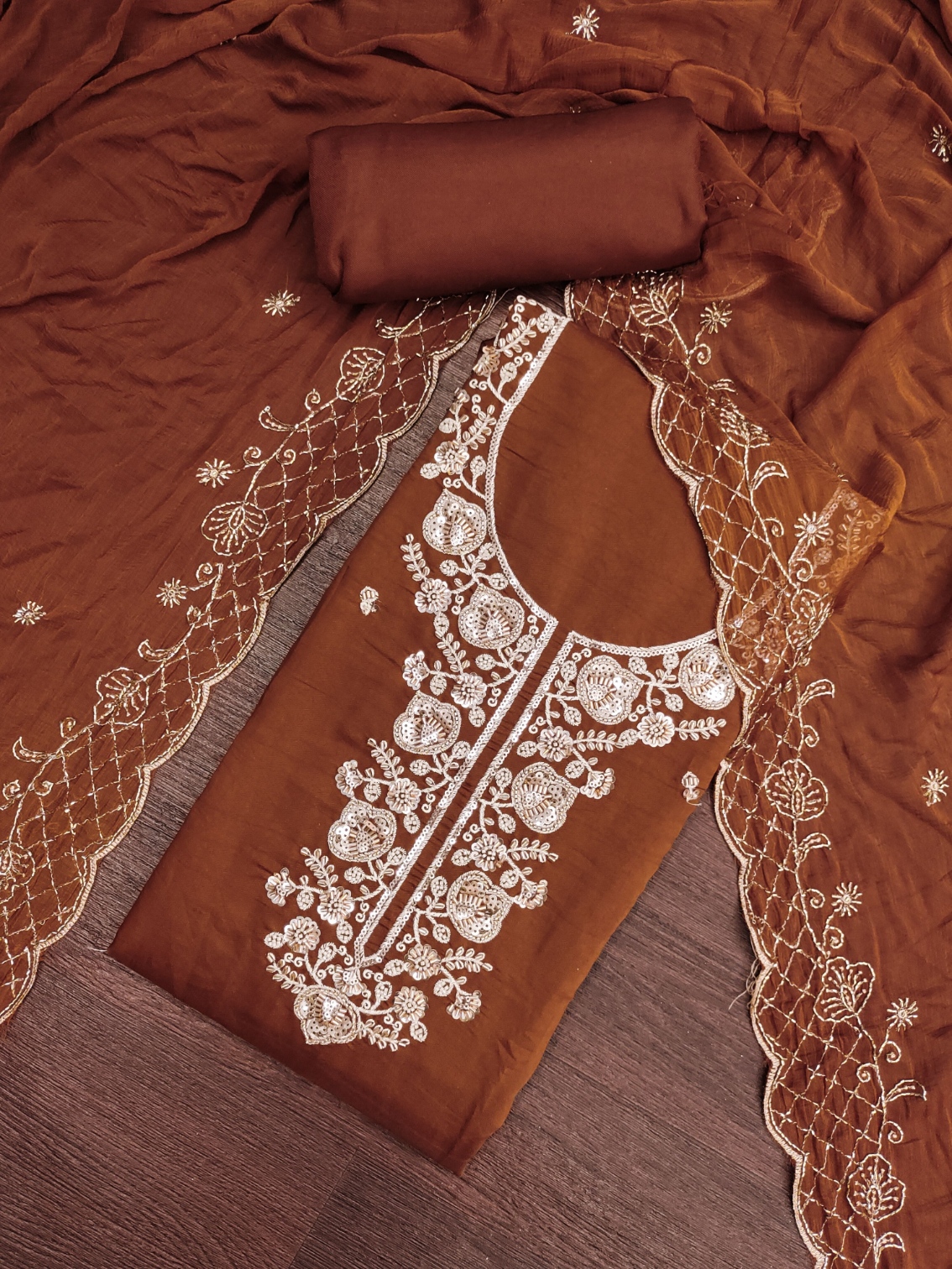 Coffee Embroidered Chanderi Straight Suit