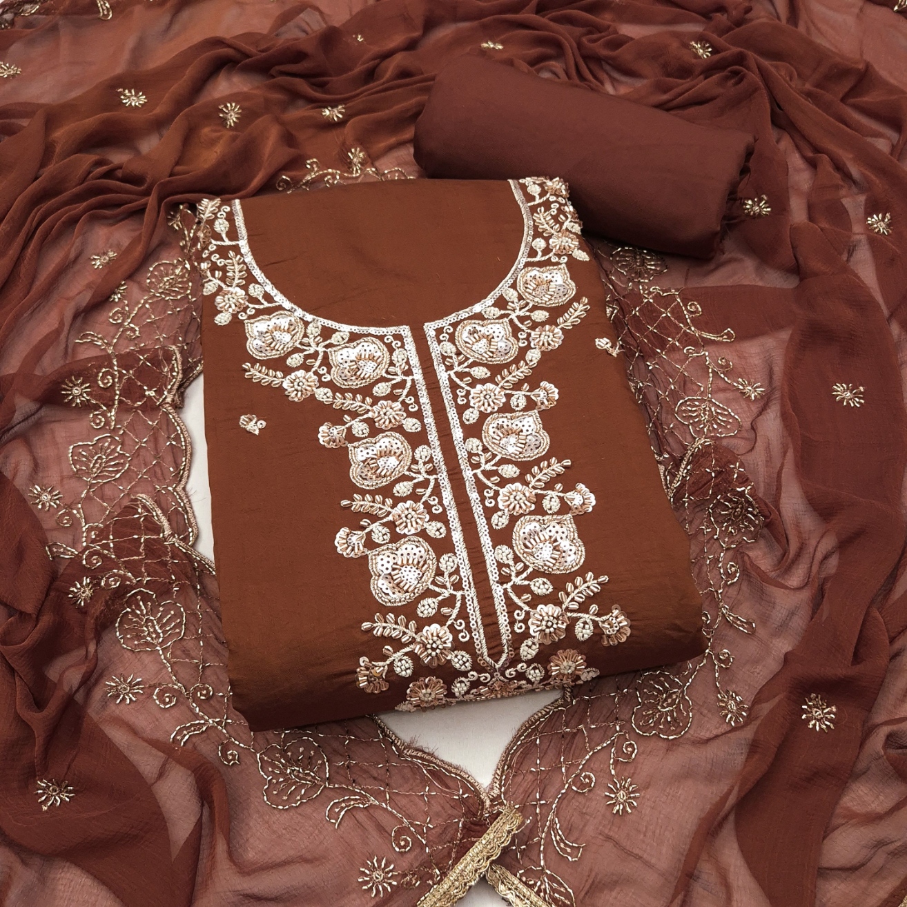 Coffee Embroidered Chanderi Straight Suit