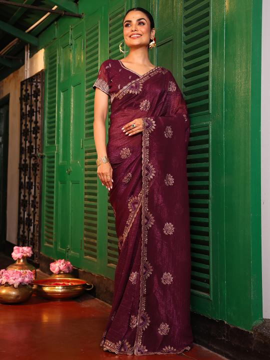 Coffee Embroidered Chiffon Saree
