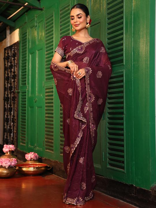 Coffee Embroidered Chiffon Saree