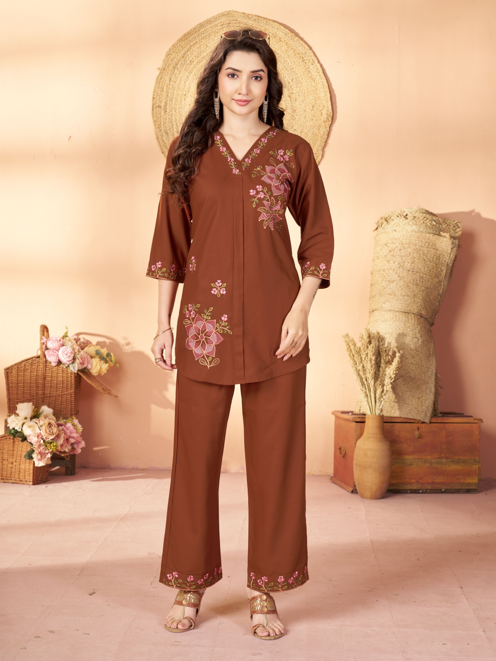 Coffee Embroidered Rayon Co-Ord Set
