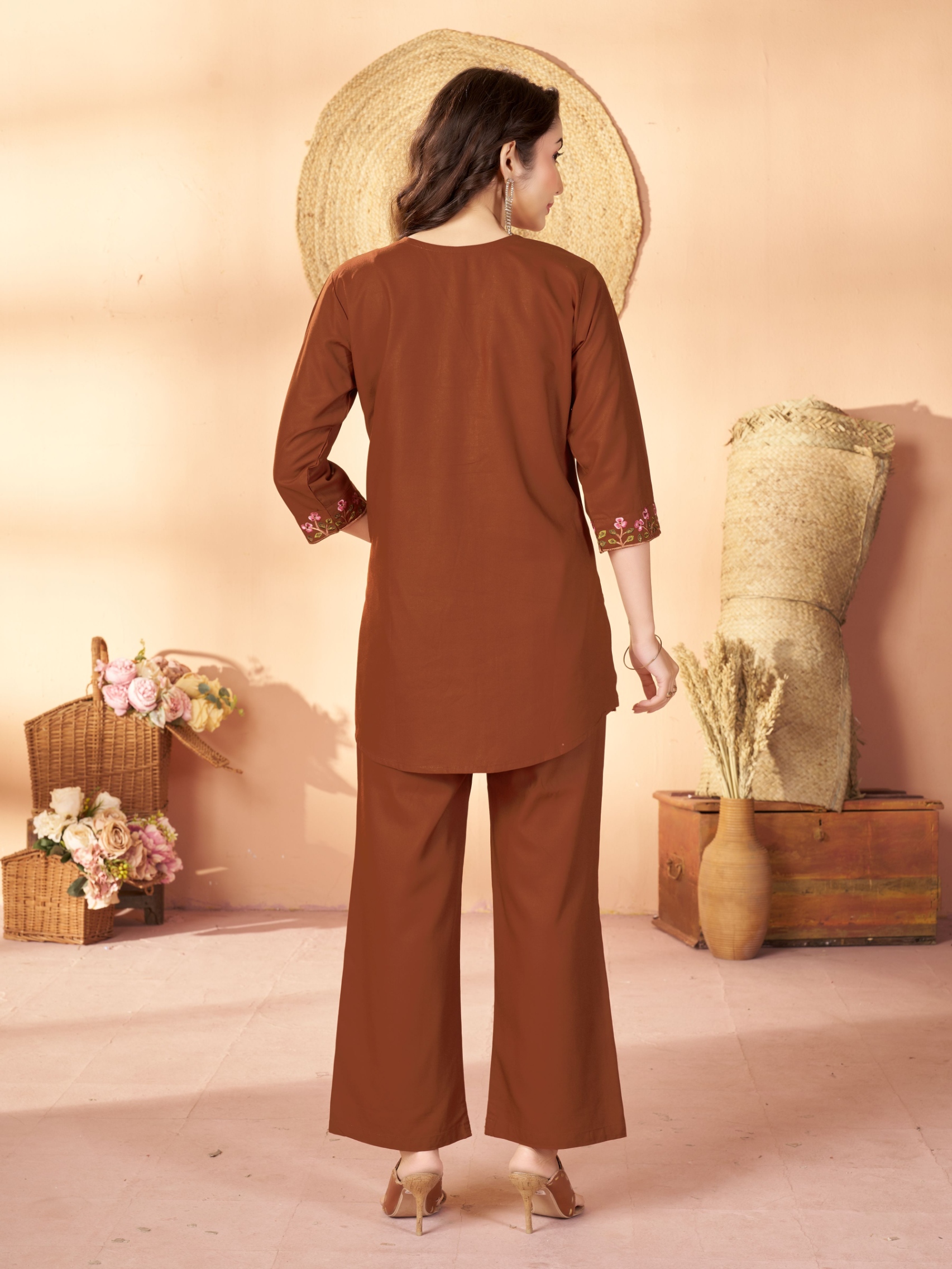 Coffee Embroidered Rayon Co-Ord Set — alternate view