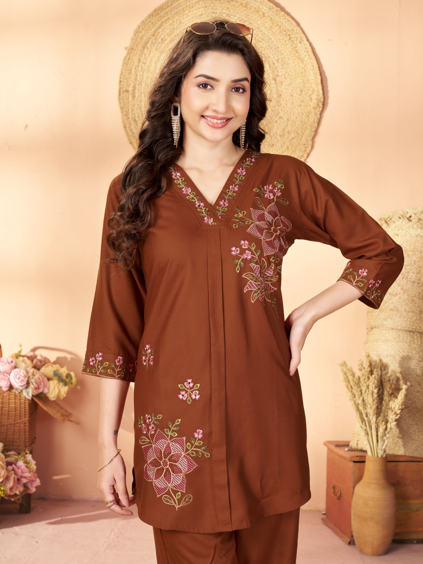 Coffee Embroidered Rayon Co-Ord Set