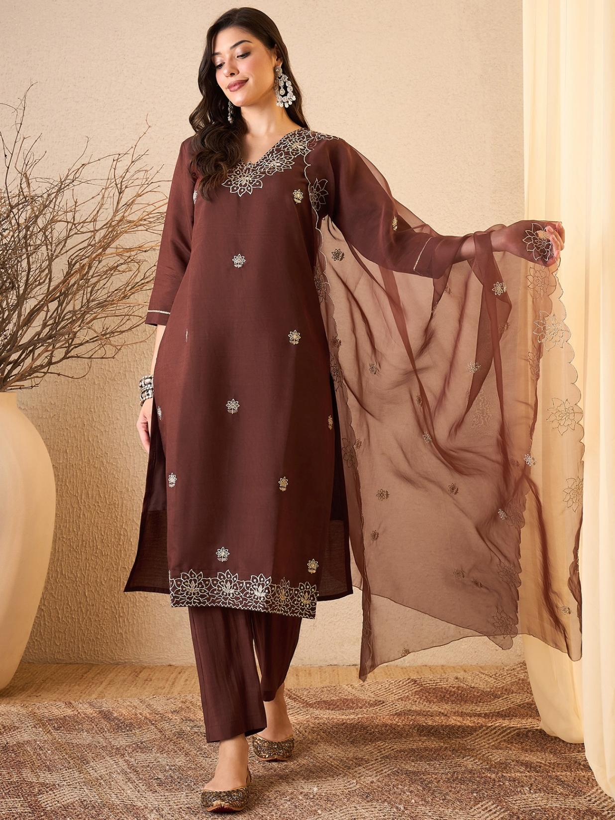 Coffee Embroidered Silk Blend Straight Suit