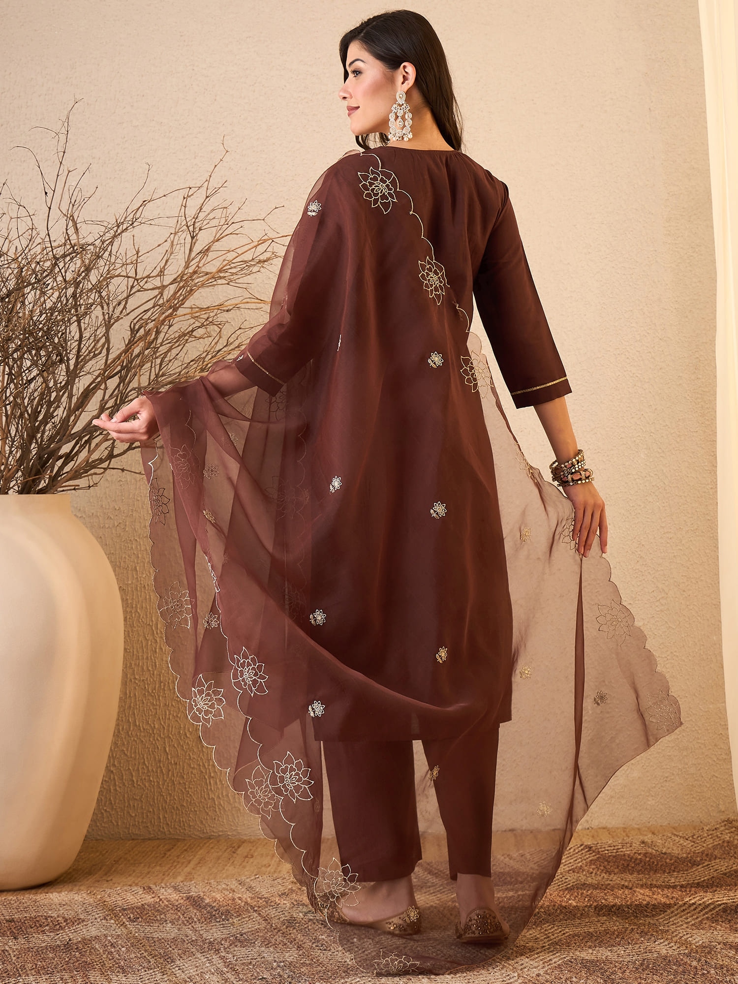 Coffee Embroidered Silk Blend Straight Suit — alternate view
