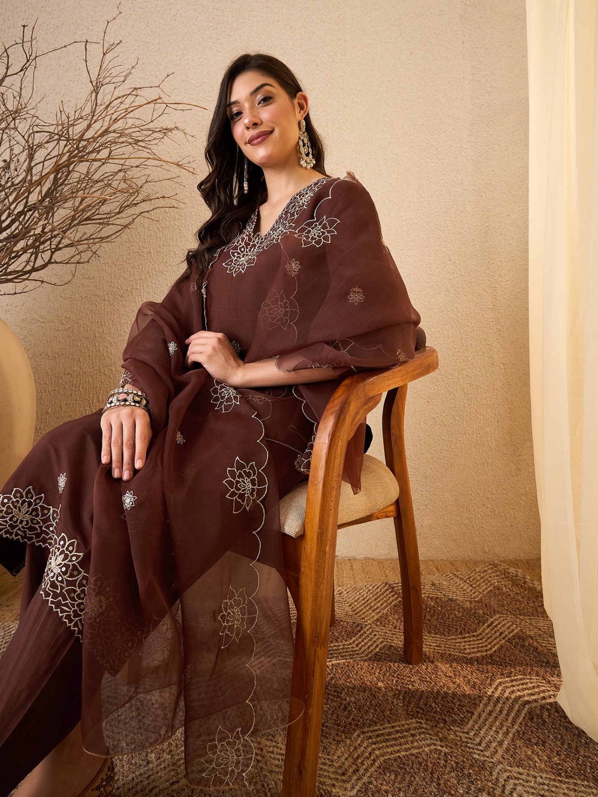 Coffee Embroidered Silk Blend Straight Suit