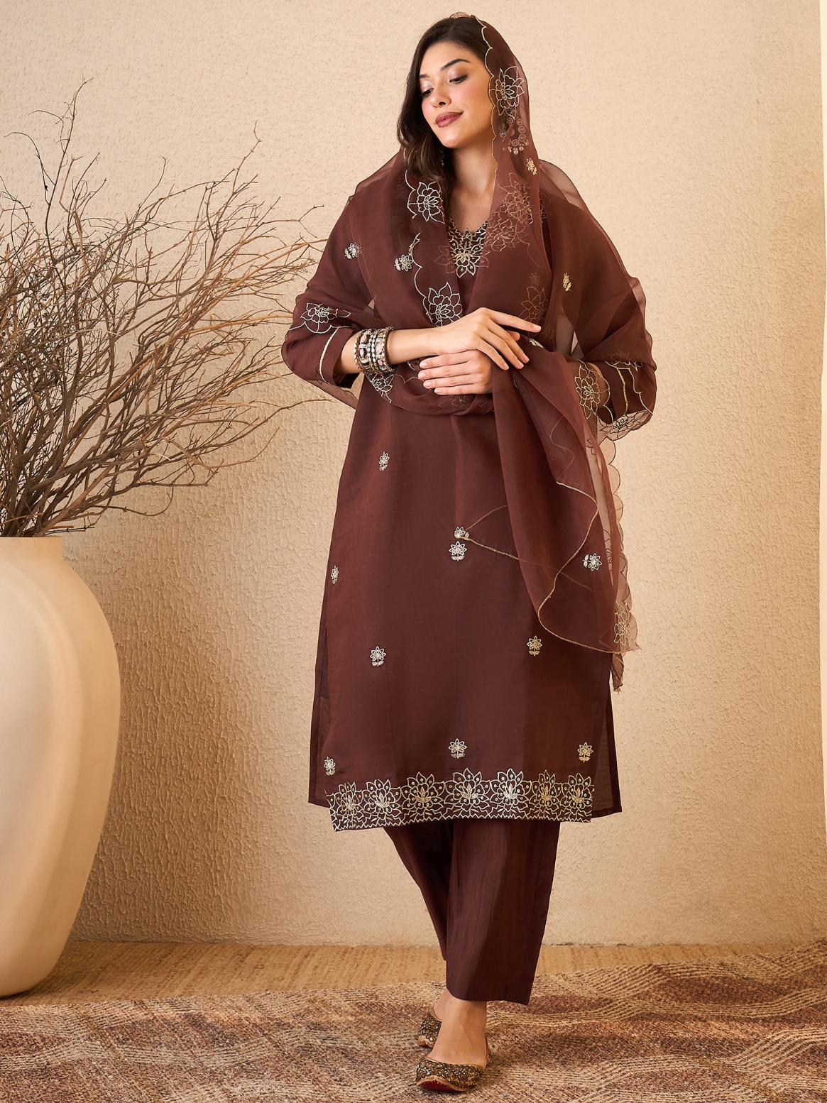 Coffee Embroidered Silk Blend Straight Suit