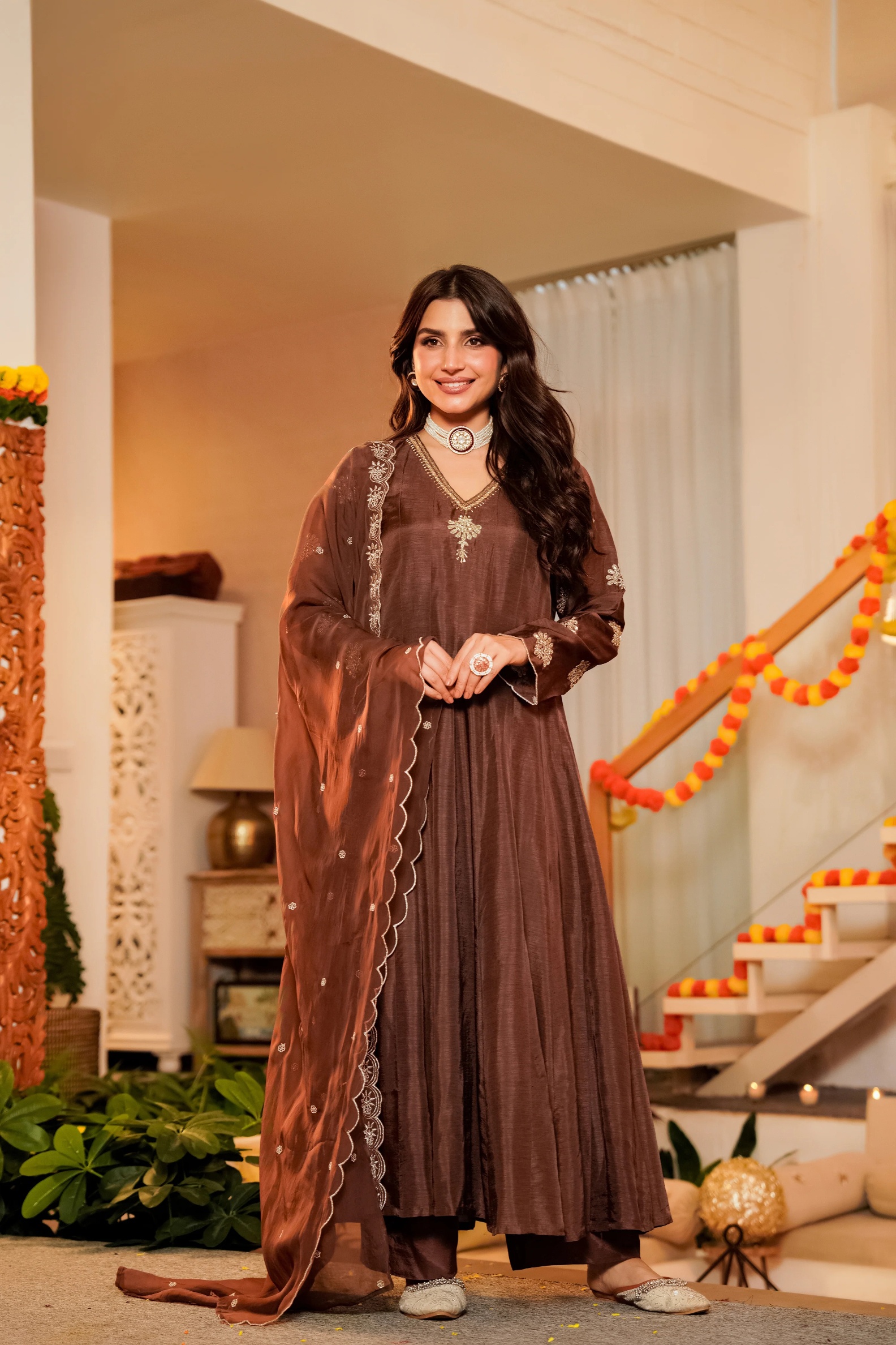 Coffee Embroidered Vichitra Kurta Set