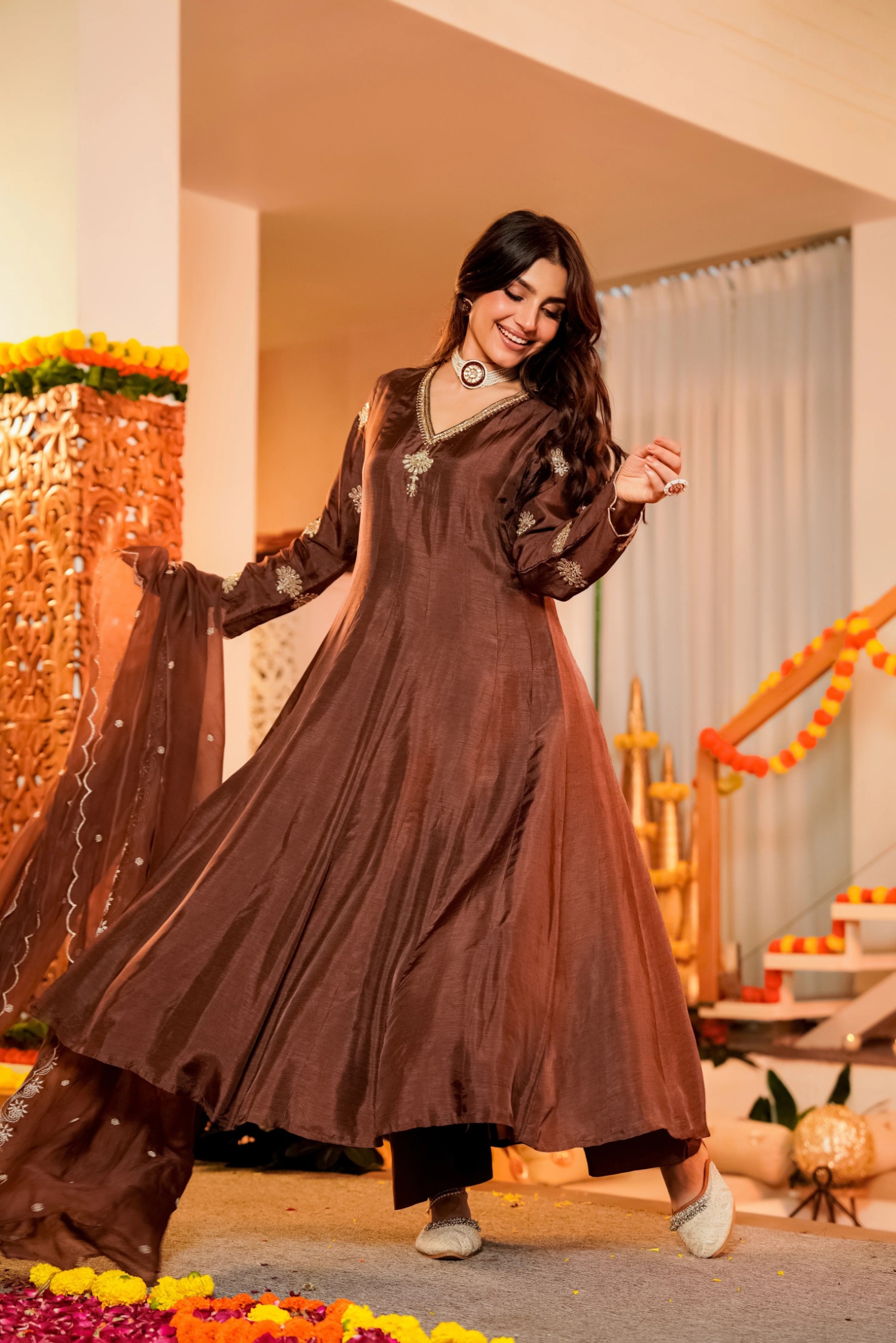 Coffee Embroidered Vichitra Kurta Set — alternate view