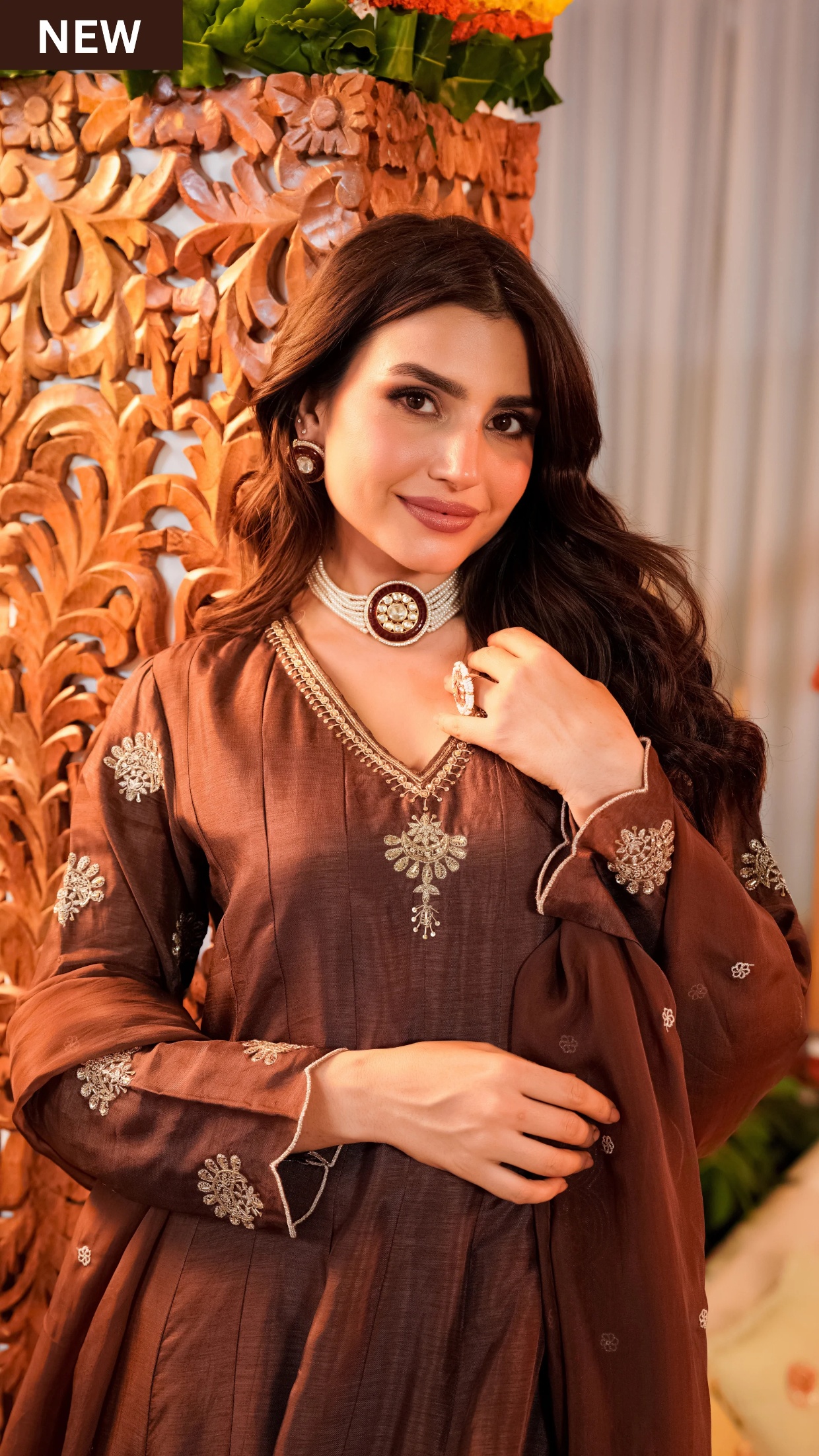 Coffee Embroidered Vichitra Kurta Set