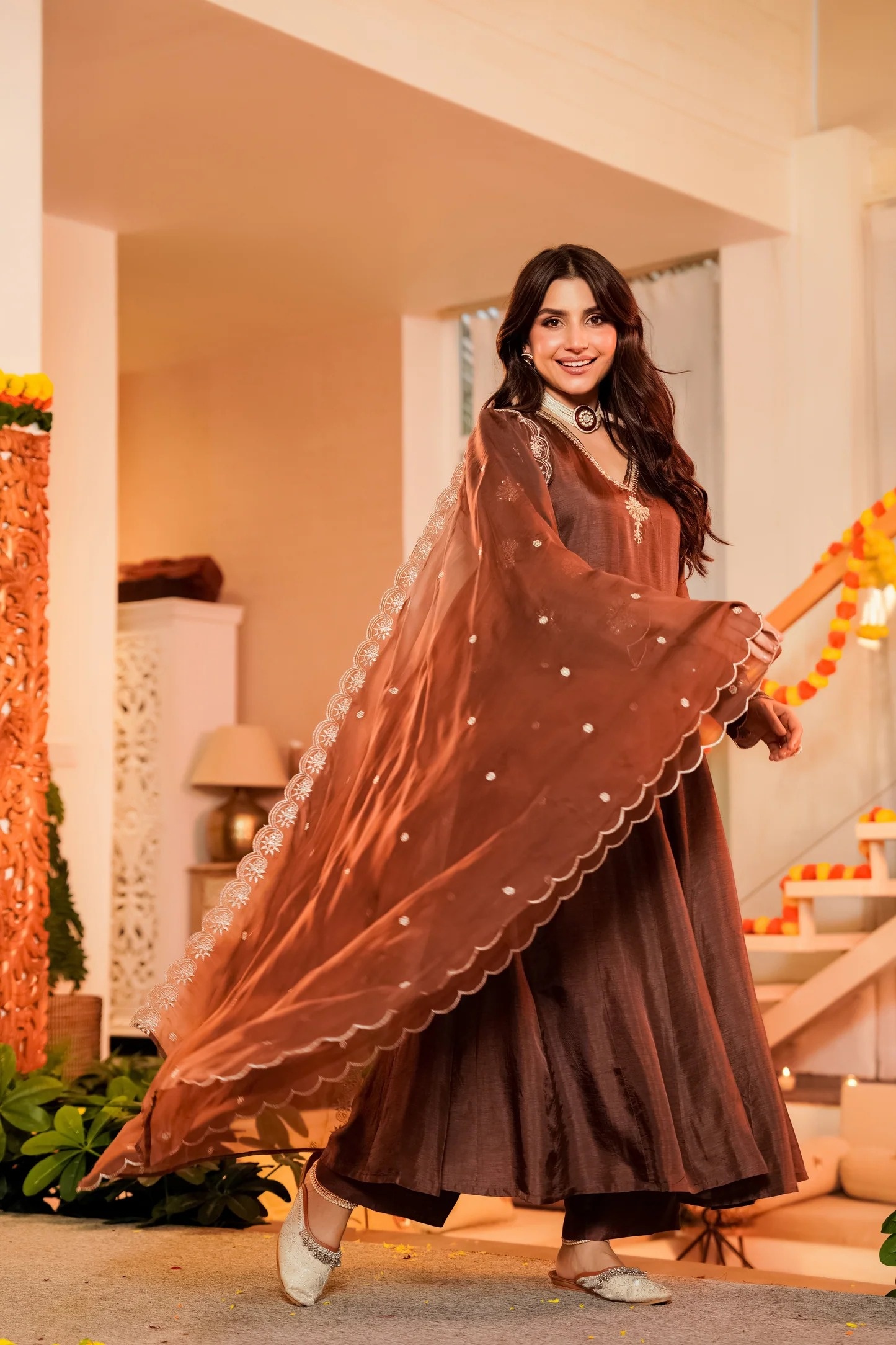 Coffee Embroidered Vichitra Kurta Set