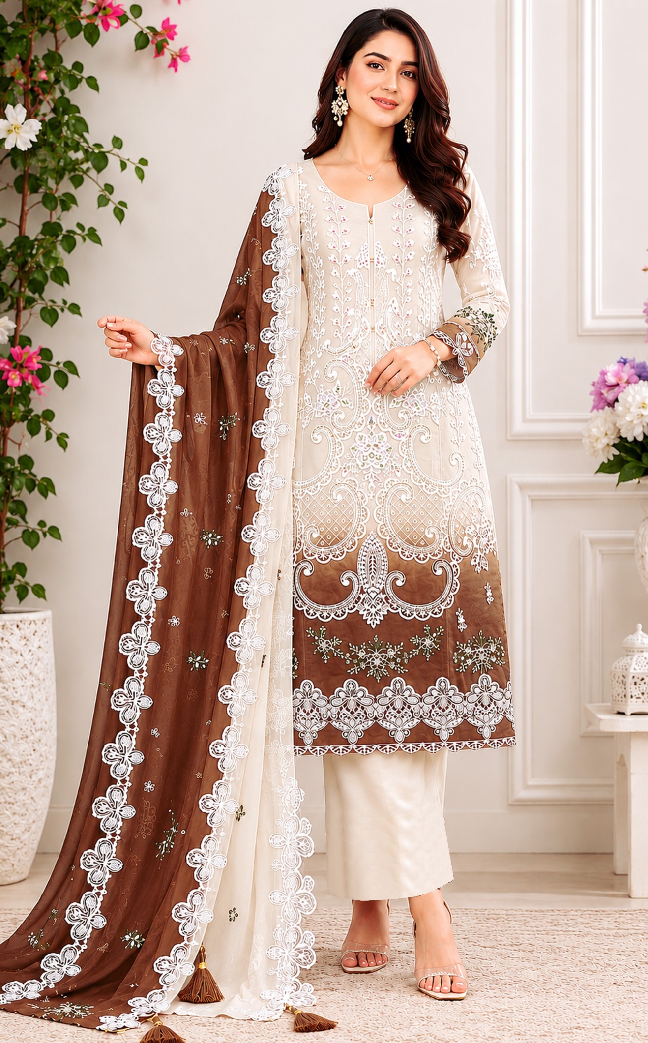 Coffee Embroidery Georgette Straight Salwar Suit