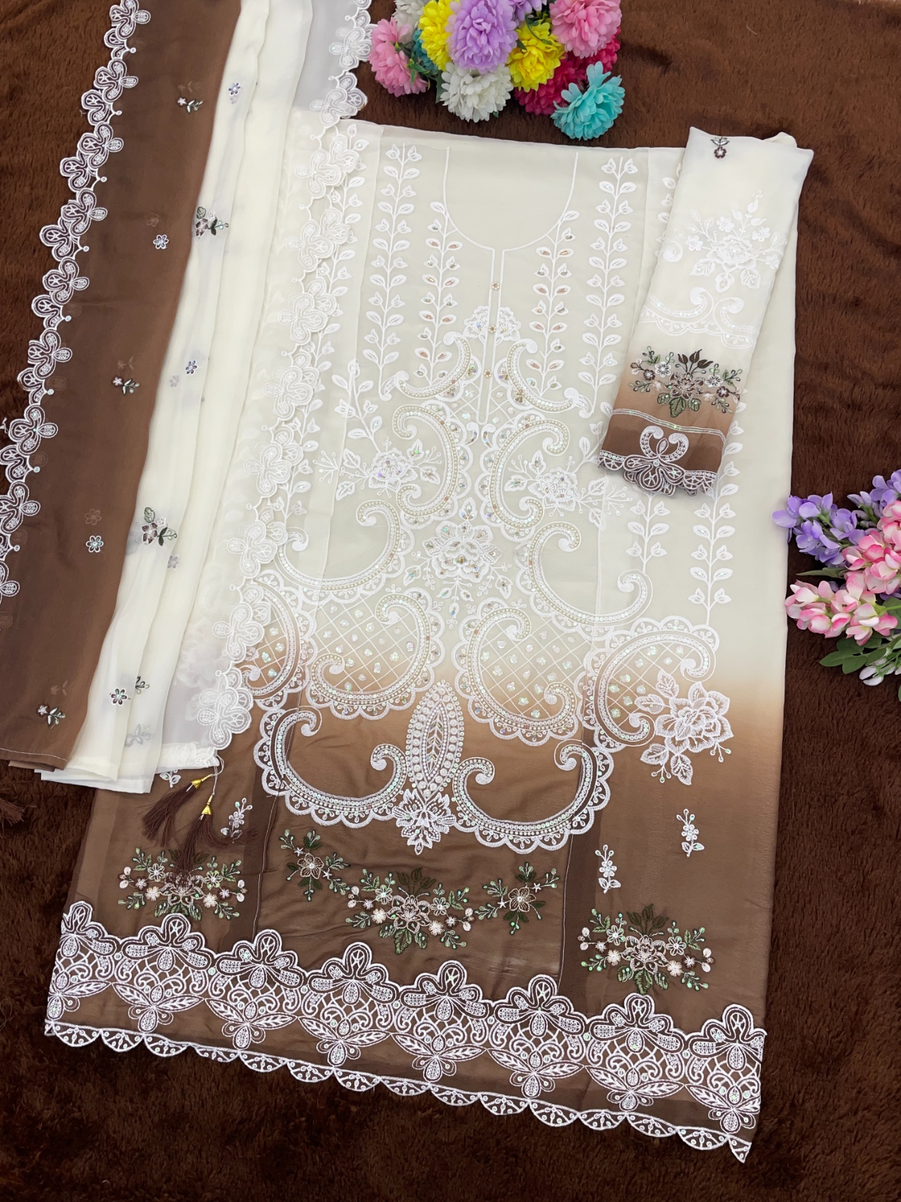 Coffee Embroidery Georgette Straight Salwar Suit