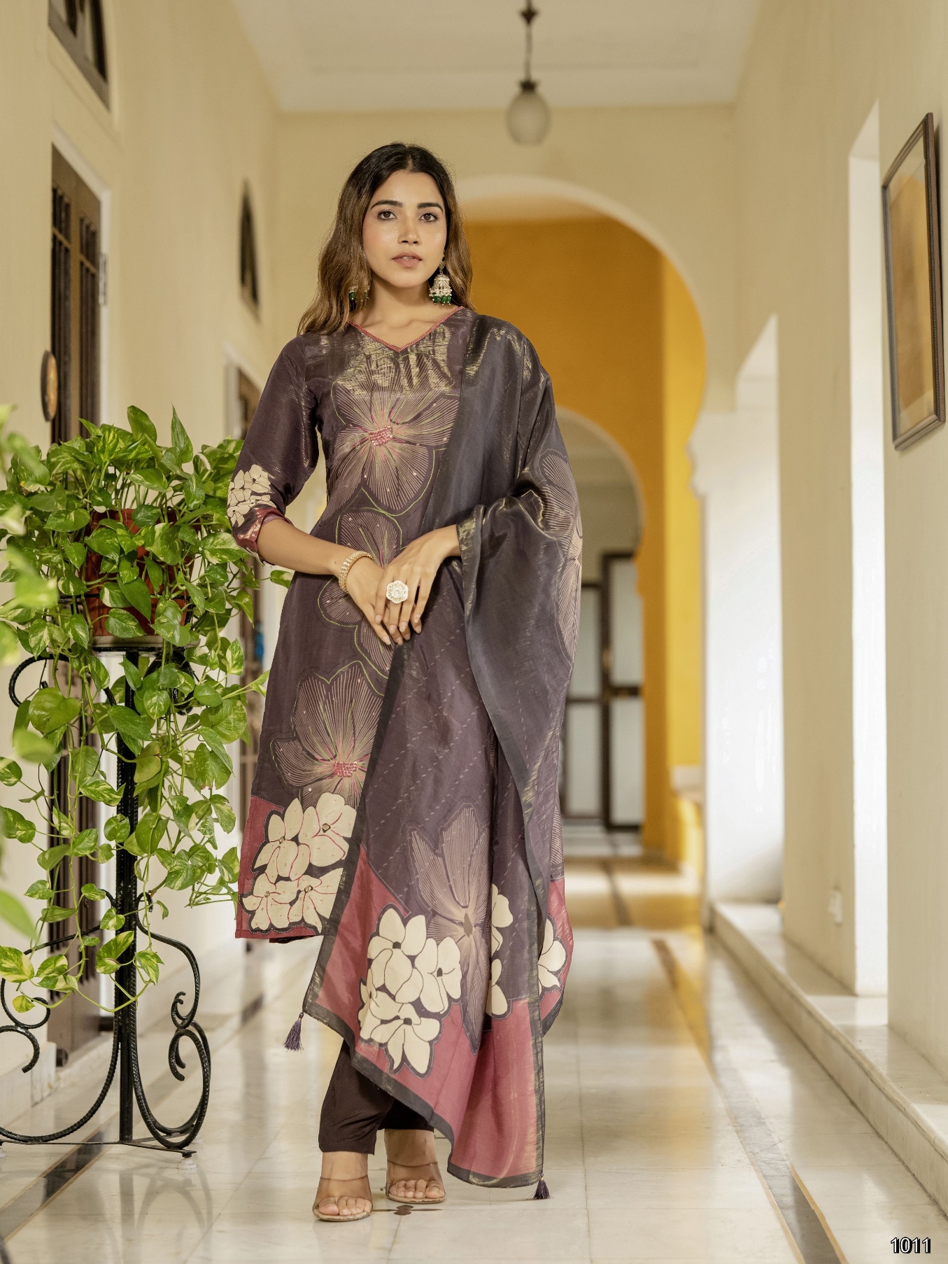 Coffee Floral Digital Print Viscose Silk Salwar Suit