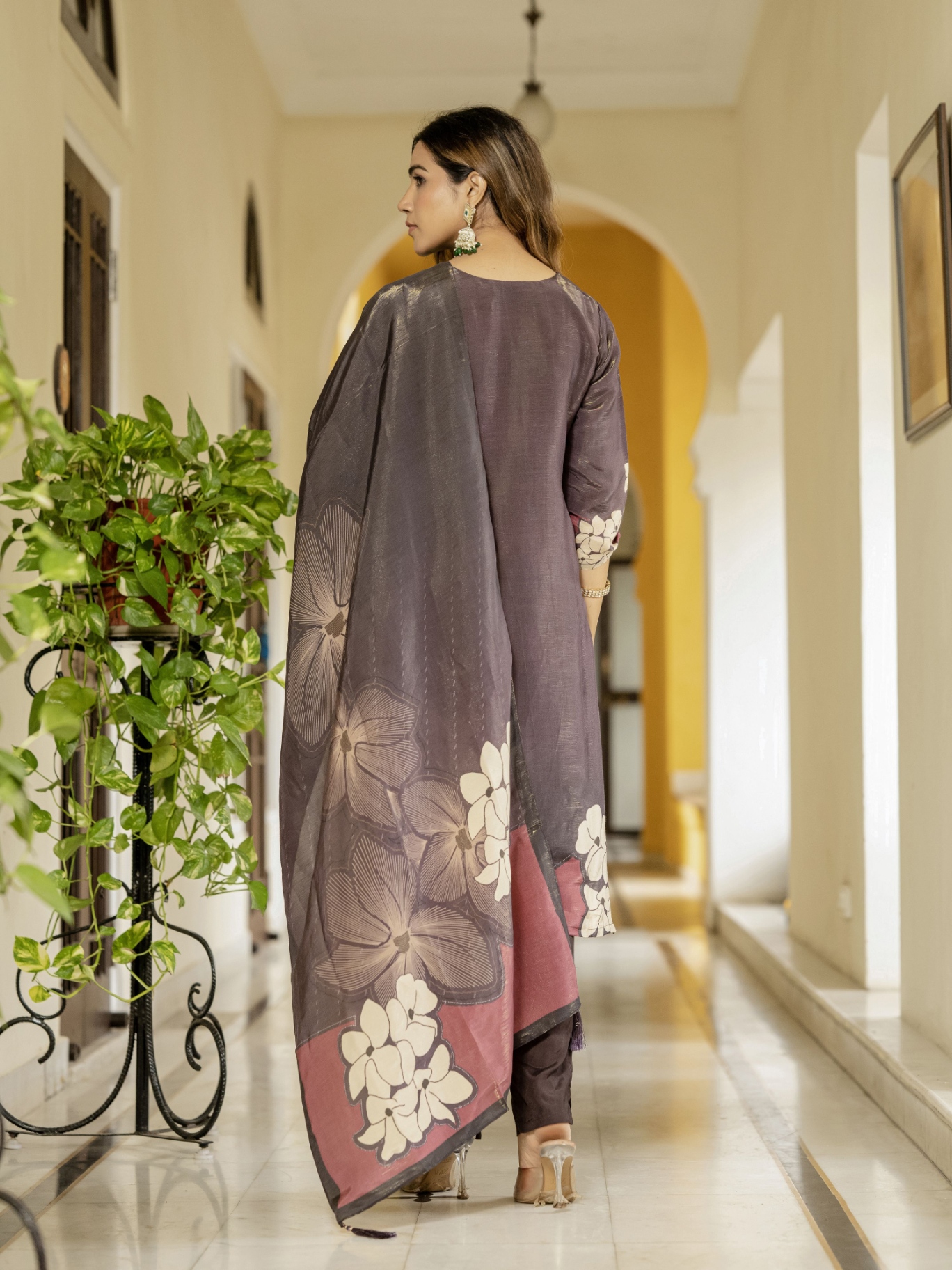 Coffee Floral Digital Print Viscose Silk Salwar Suit — alternate view