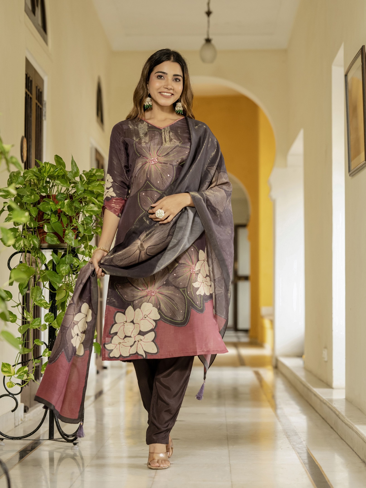 Coffee Floral Digital Print Viscose Silk Salwar Suit