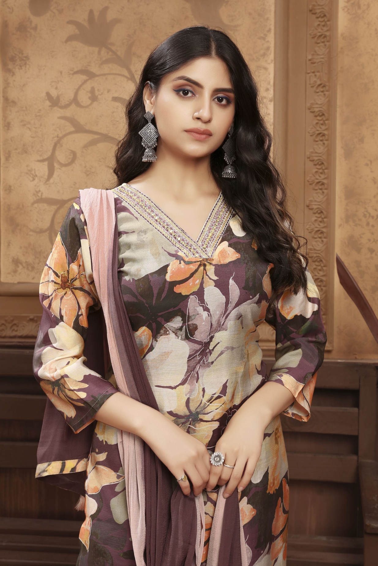 Coffee Floral Embroidered Chanderi Straight Suit — alternate view